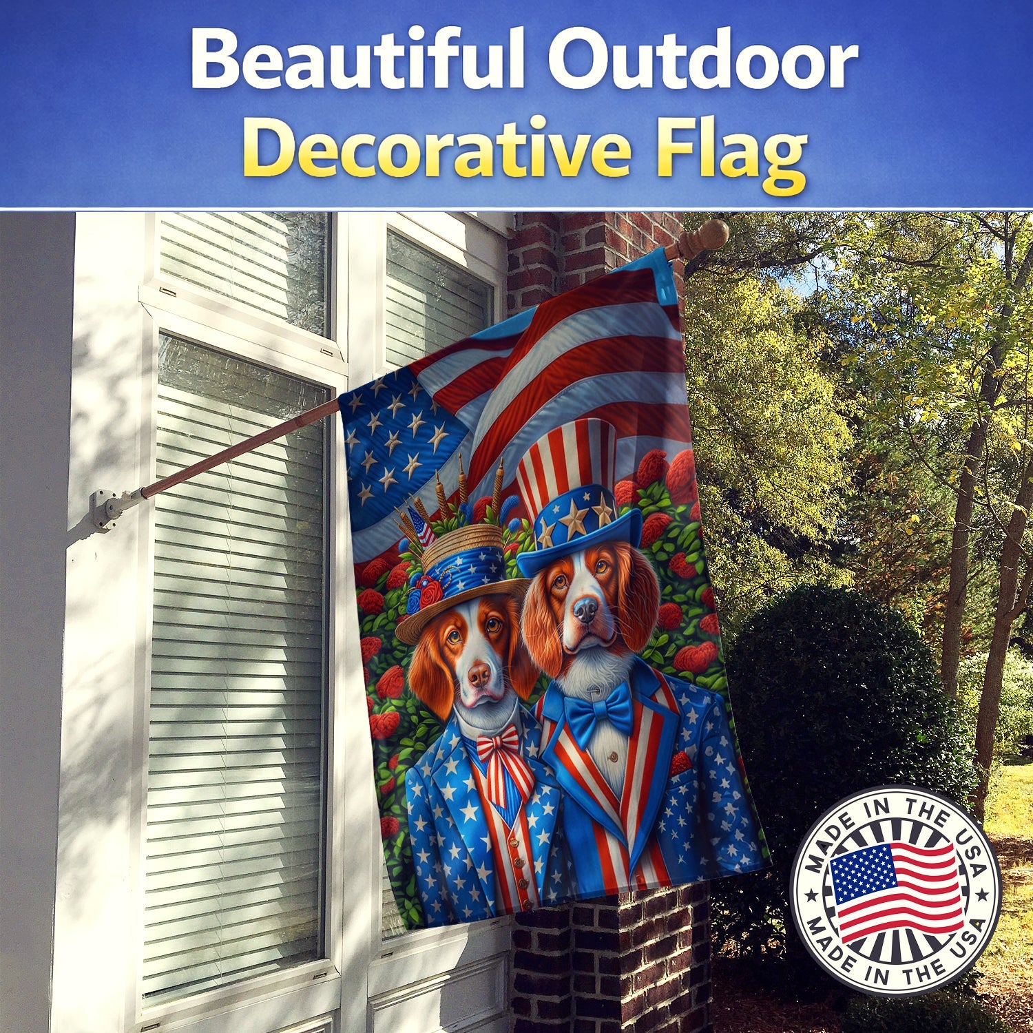 All American Brittany House Flag 28x40 Porch Sleeve Pole Decorative Outside Yard Banner Artwork Wall Hanging, Polyester