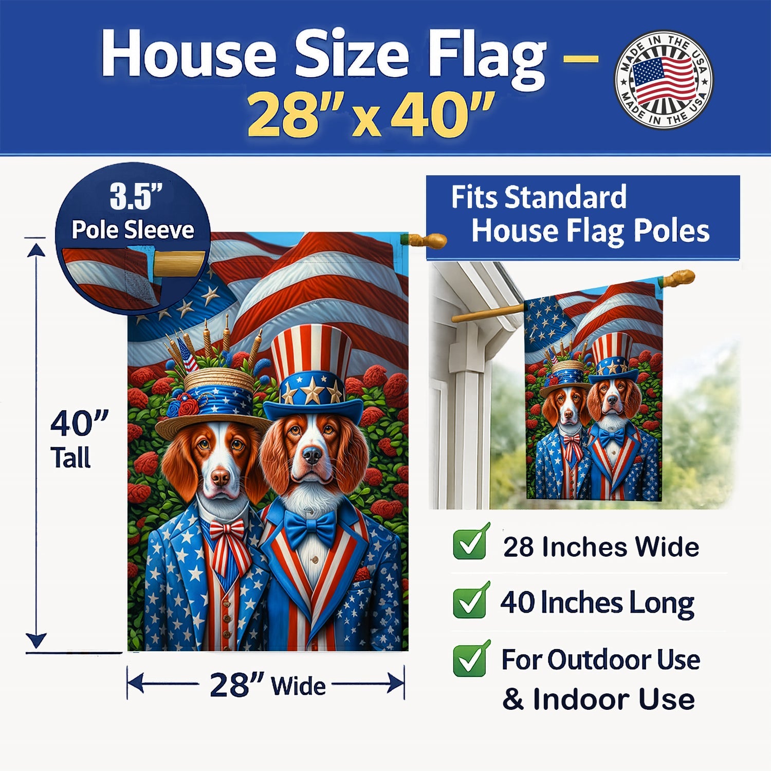 All American Brittany House Flag 28x40 Porch Sleeve Pole Decorative Outside Yard Banner Artwork Wall Hanging, Polyester