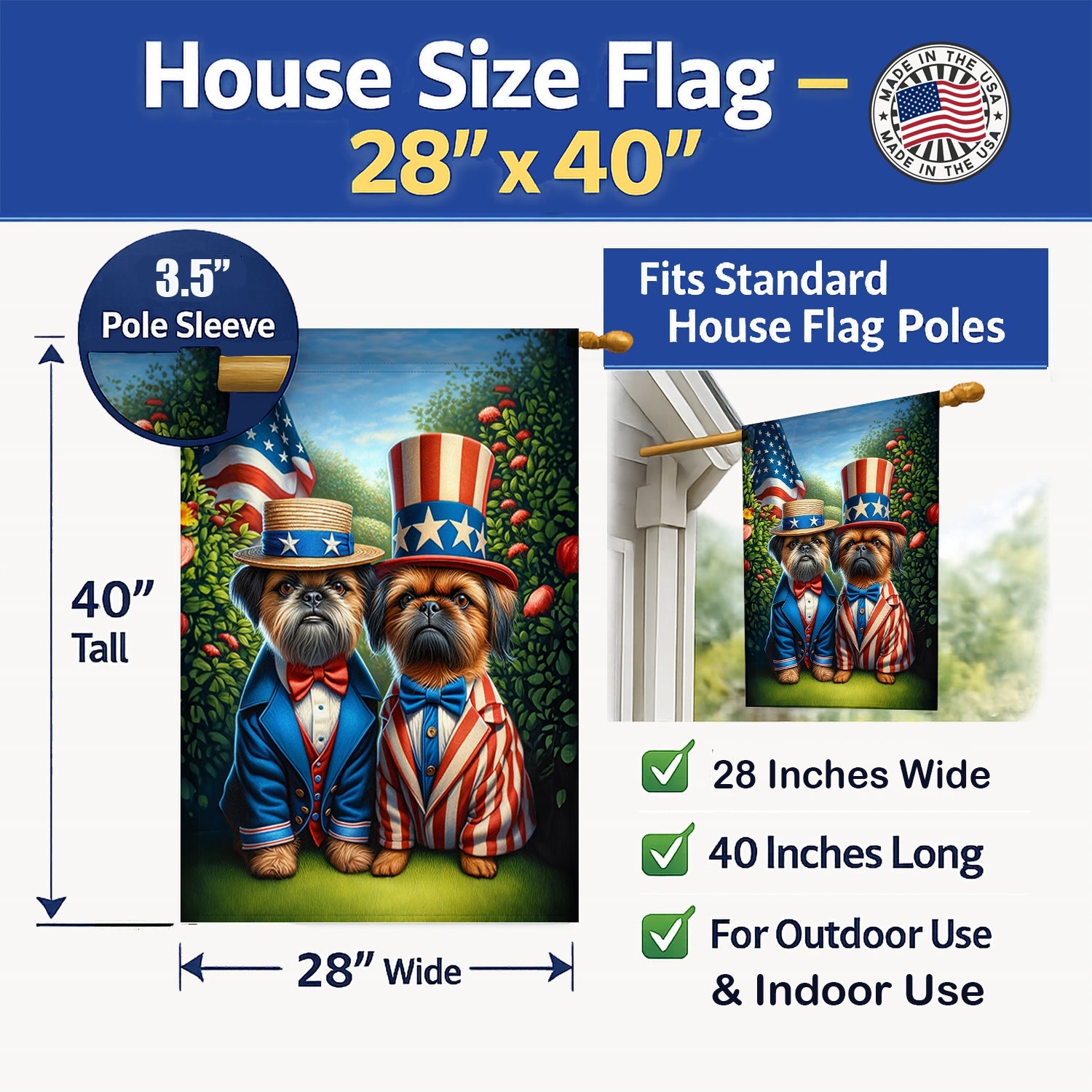 All American Brussels Griffon House Flag 28x40 Porch Sleeve Pole Decorative Outside Yard Banner Artwork Wall Hanging, Polyester