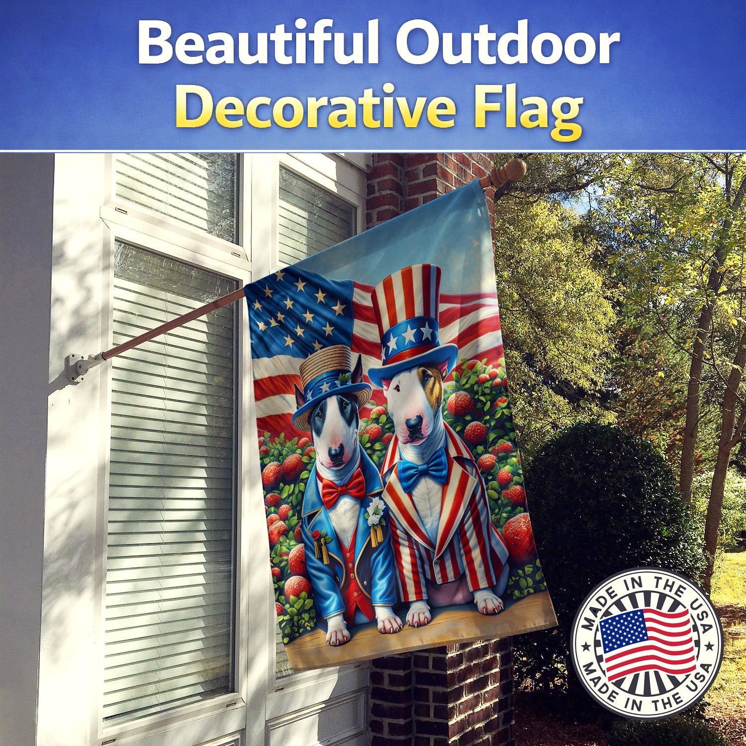 All American Bull Terrier House Flag 28x40 Porch Sleeve Pole Decorative Outside Yard Banner Artwork Wall Hanging, Polyester
