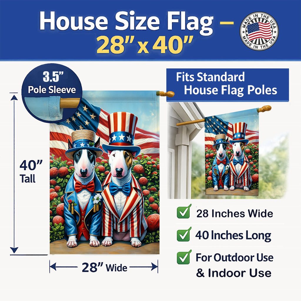 All American Bull Terrier House Flag 28x40 Porch Sleeve Pole Decorative Outside Yard Banner Artwork Wall Hanging, Polyester