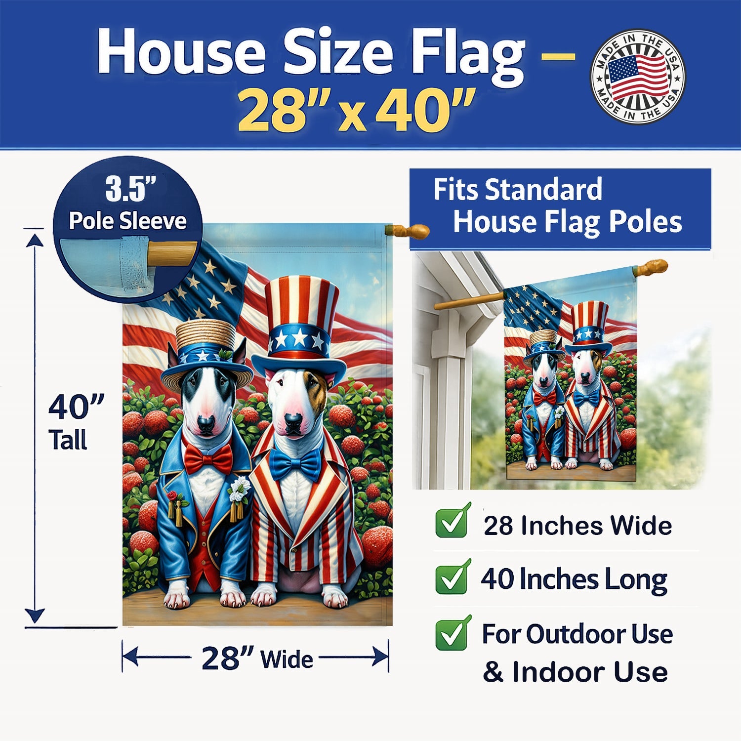All American Bull Terrier House Flag 28x40 Porch Sleeve Pole Decorative Outside Yard Banner Artwork Wall Hanging, Polyester