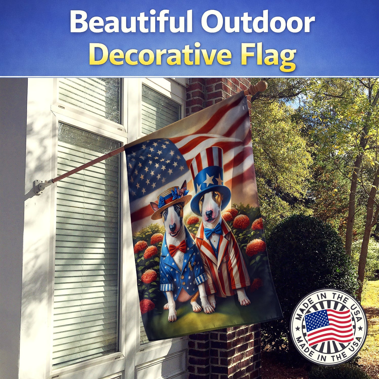 All American Bull Terrier House Flag 28x40 Porch Sleeve Pole Decorative Outside Yard Banner Artwork Wall Hanging, Polyester