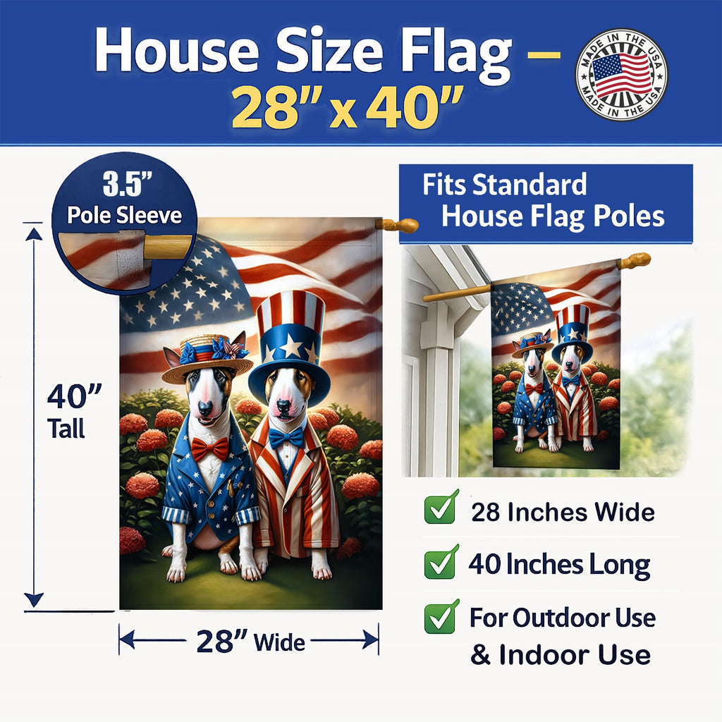 All American Bull Terrier House Flag 28x40 Porch Sleeve Pole Decorative Outside Yard Banner Artwork Wall Hanging, Polyester