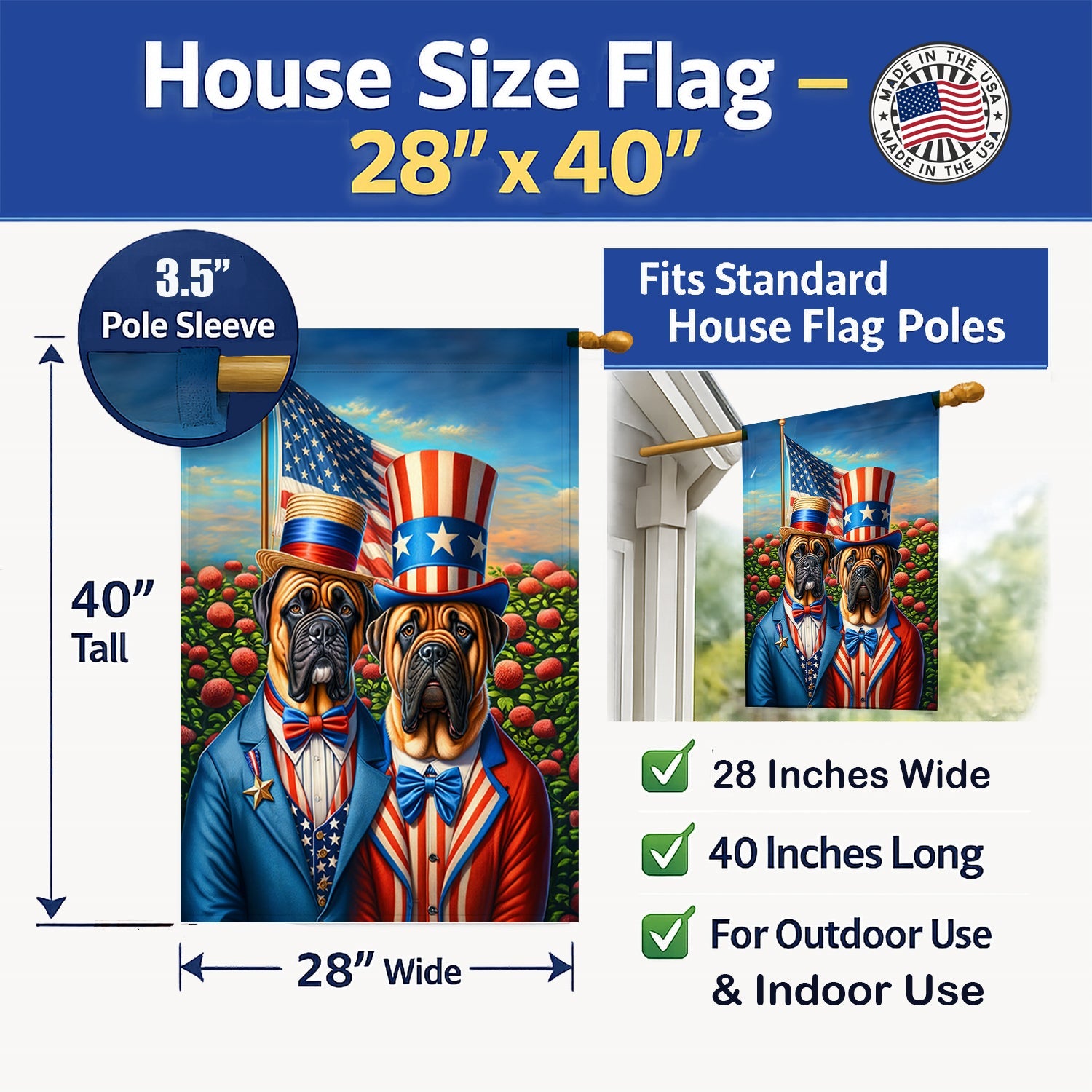 All American Bullmastiff House Flag 28x40 Porch Sleeve Pole Decorative Outside Yard Banner Artwork Wall Hanging, Polyester