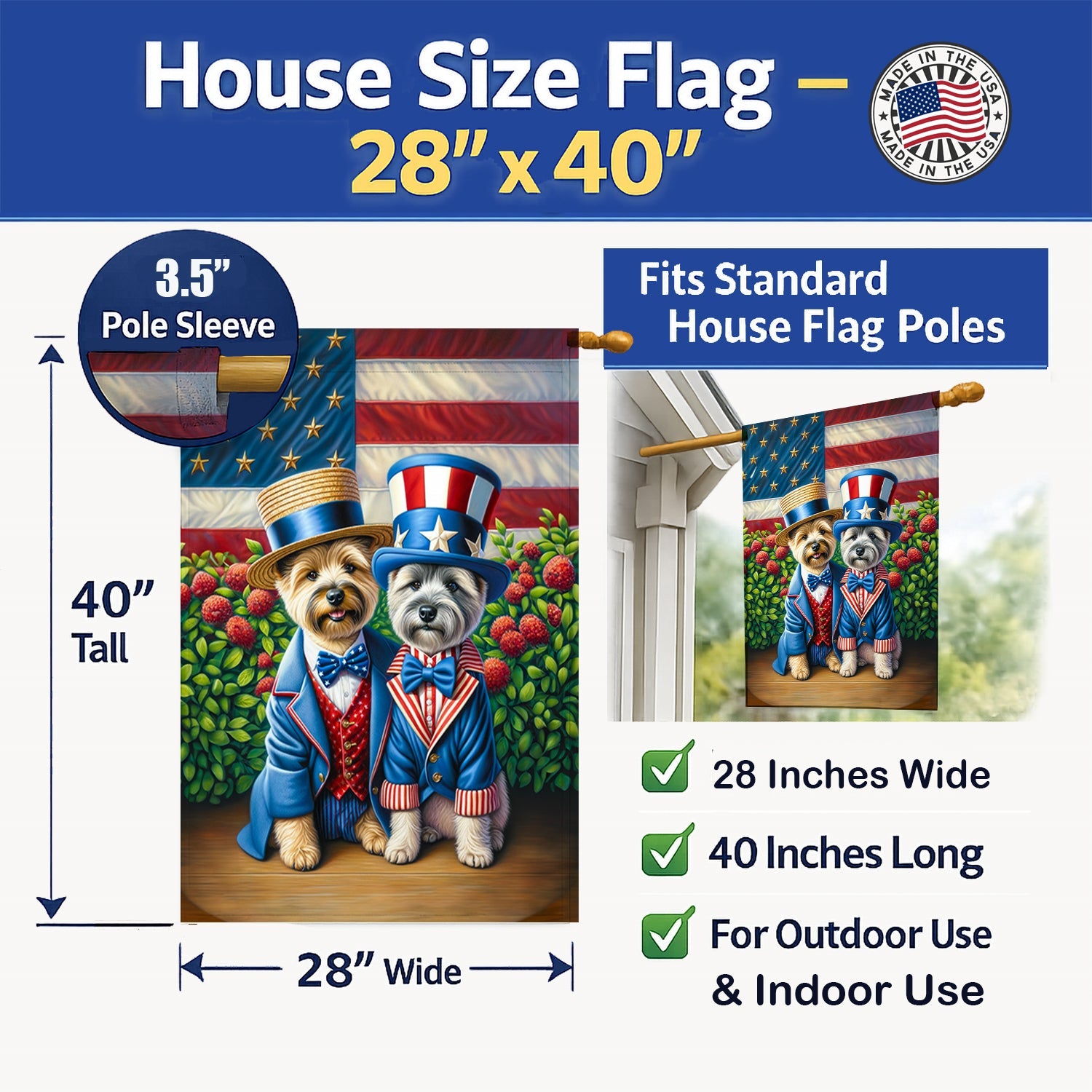 All American Cairn Terrier House Flag 28x40 Porch Sleeve Pole Decorative Outside Yard Banner Artwork Wall Hanging, Polyester
