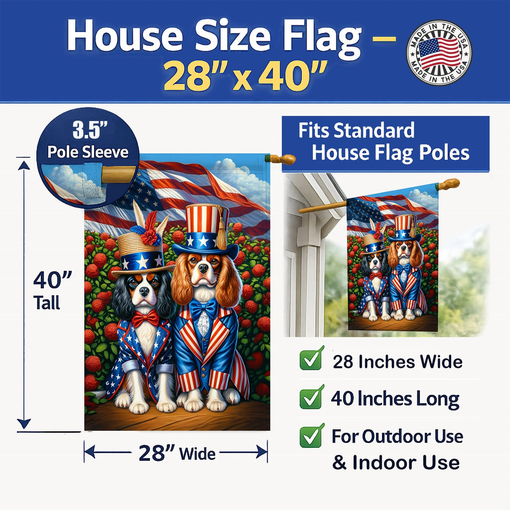 All American Cavalier Spaniel House Flag 28x40 Porch Sleeve Pole Decorative Outside Yard Banner Artwork Wall Hanging, Polyester
