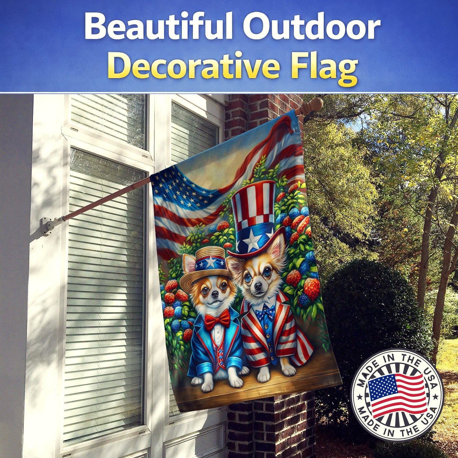 All American Chihuahua House Flag 28x40 Porch Sleeve Pole Decorative Outside Yard Banner Artwork Wall Hanging, Polyester