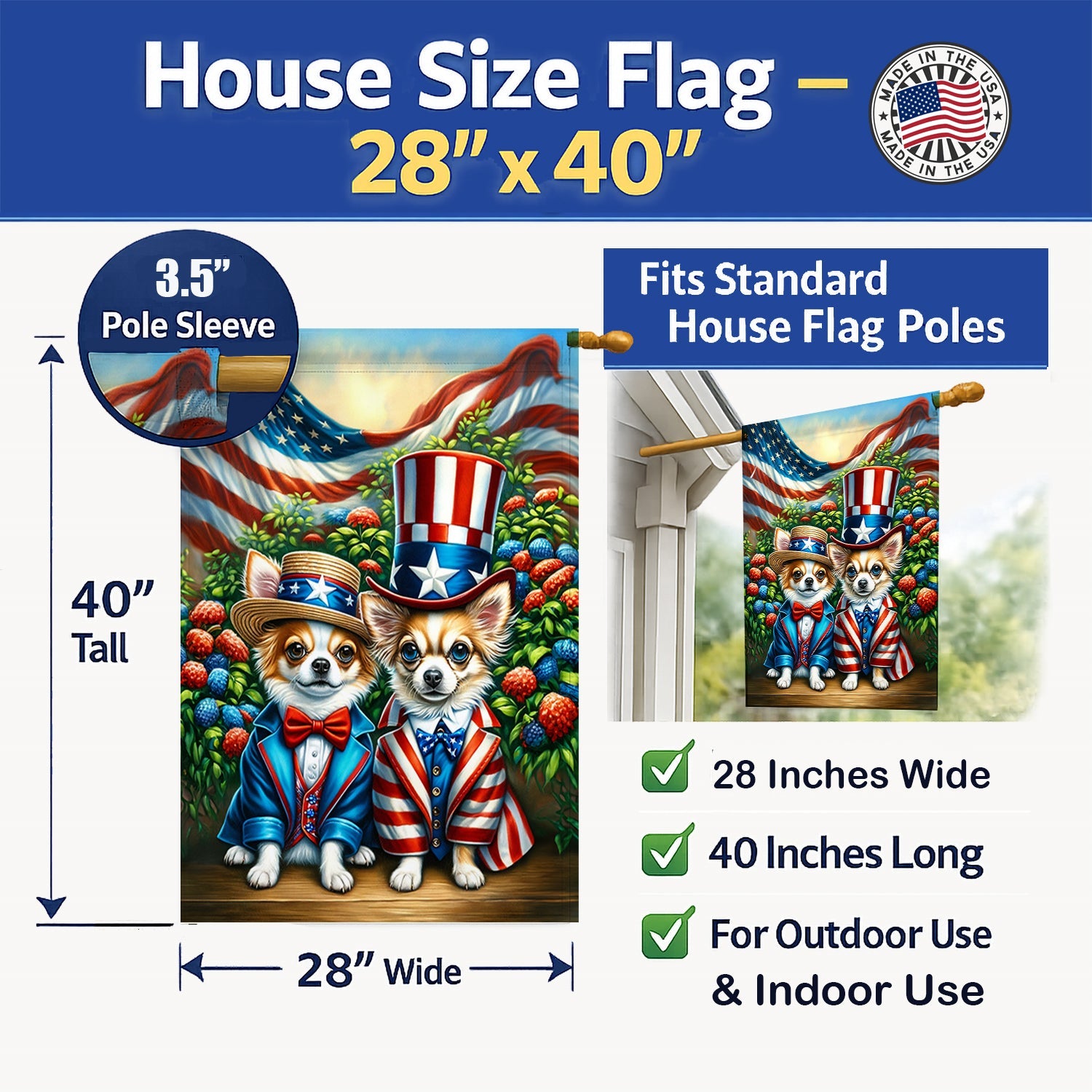 All American Chihuahua House Flag 28x40 Porch Sleeve Pole Decorative Outside Yard Banner Artwork Wall Hanging, Polyester