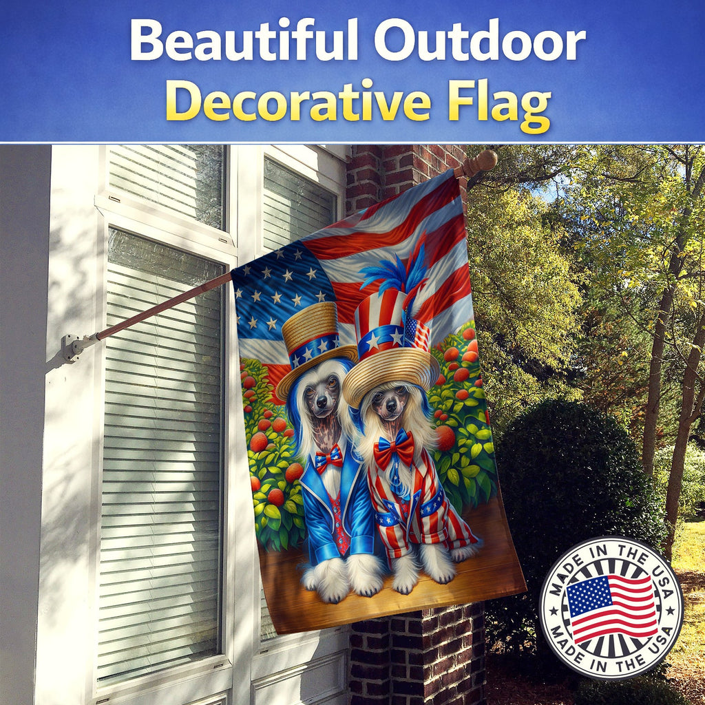 All American Chinese Crested House Flag 28x40 Porch Sleeve Pole Decorative Outside Yard Banner Artwork Wall Hanging, Polyester
