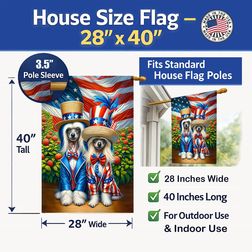 All American Chinese Crested House Flag 28x40 Porch Sleeve Pole Decorative Outside Yard Banner Artwork Wall Hanging, Polyester