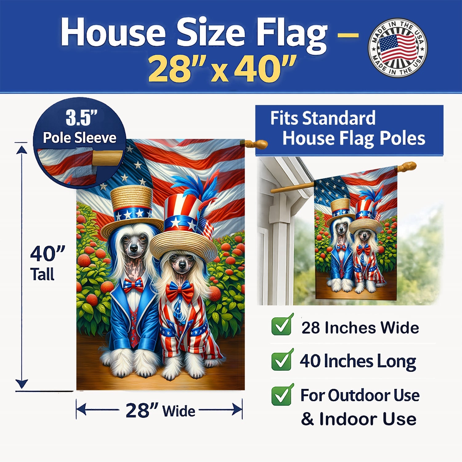 All American Chinese Crested House Flag 28x40 Porch Sleeve Pole Decorative Outside Yard Banner Artwork Wall Hanging, Polyester