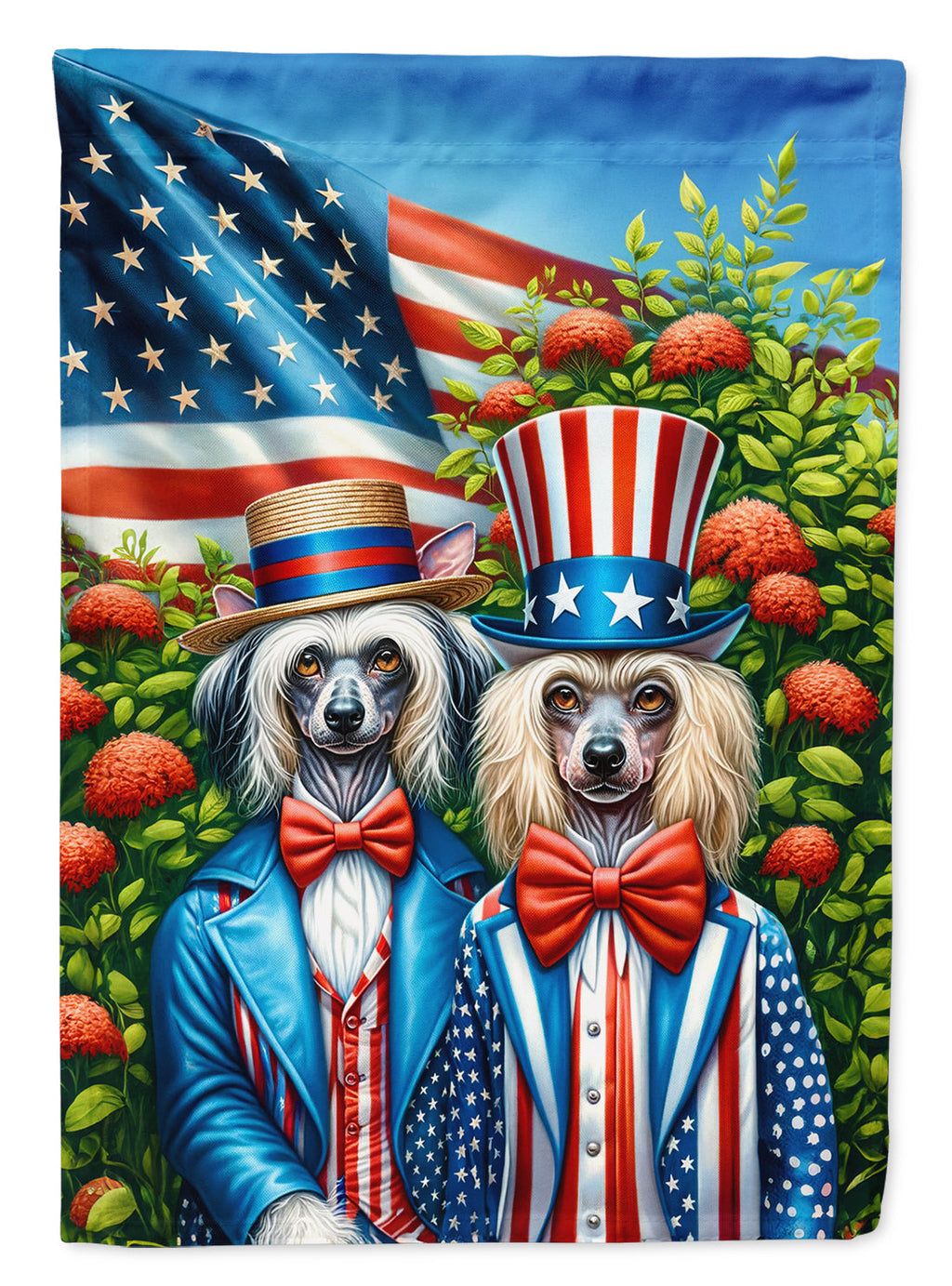 All American Chinese Crested House Flag 28x40 Porch Sleeve Pole Decorative Outside Yard Banner Artwork Wall Hanging, Polyester