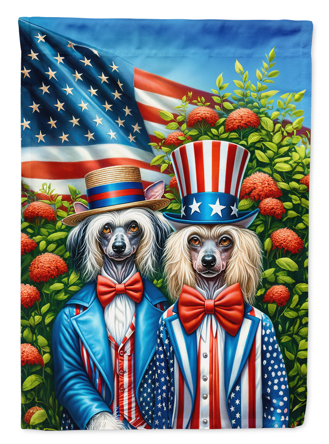All American Chinese Crested House Flag 28x40 Porch Sleeve Pole Decorative Outside Yard Banner Artwork Wall Hanging, Polyester