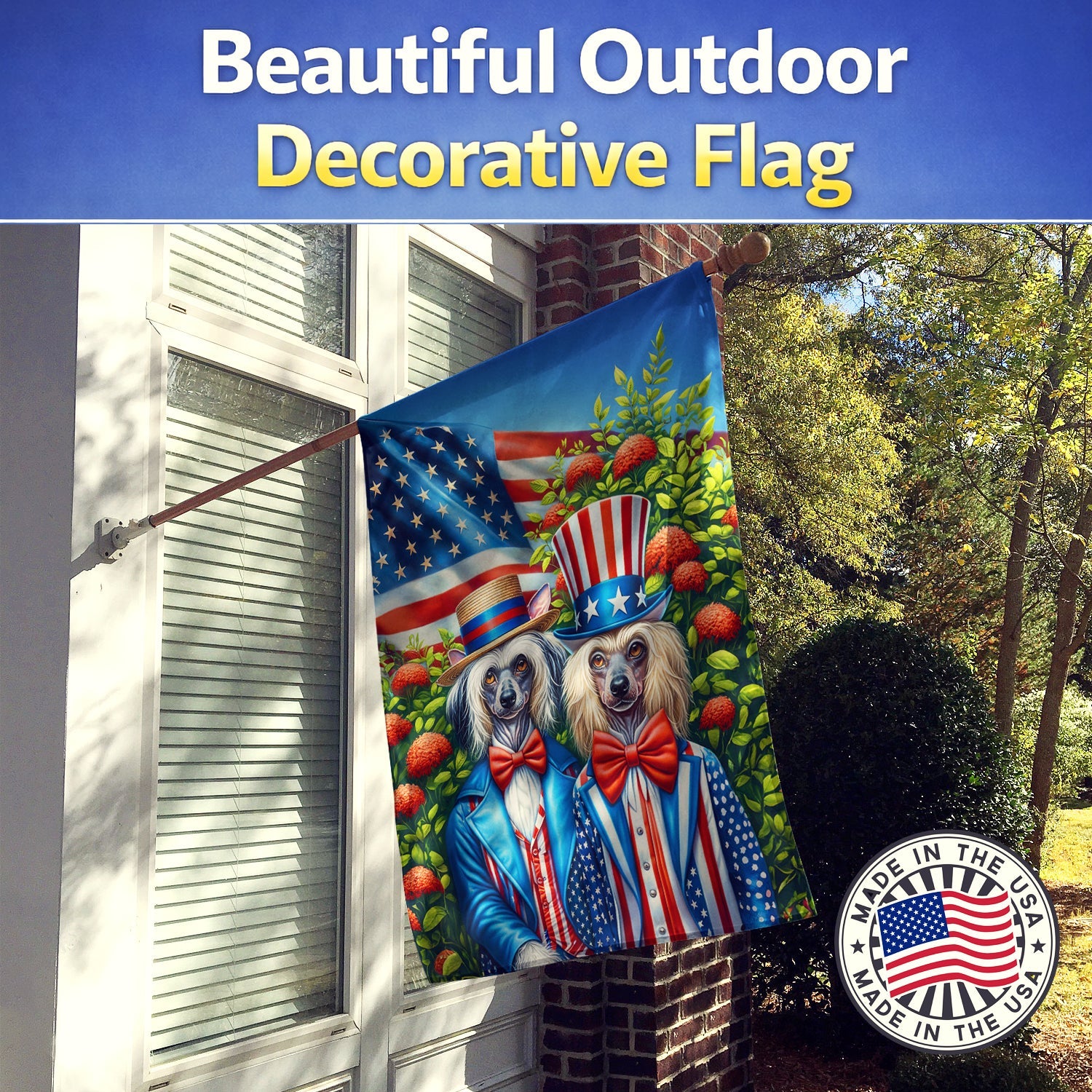 All American Chinese Crested House Flag 28x40 Porch Sleeve Pole Decorative Outside Yard Banner Artwork Wall Hanging, Polyester
