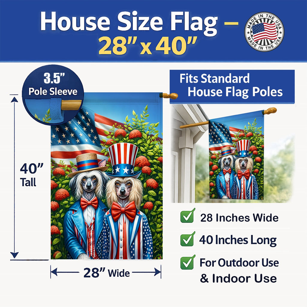 All American Chinese Crested House Flag 28x40 Porch Sleeve Pole Decorative Outside Yard Banner Artwork Wall Hanging, Polyester