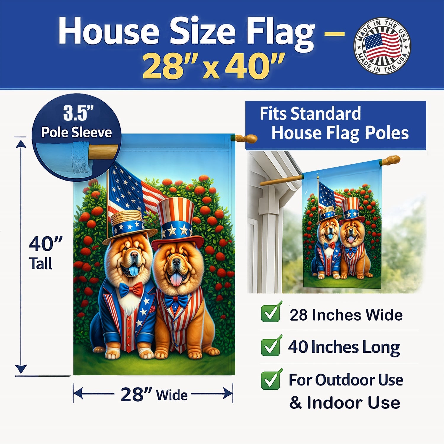 All American Chow Chow House Flag 28x40 Porch Sleeve Pole Decorative Outside Yard Banner Artwork Wall Hanging, Polyester