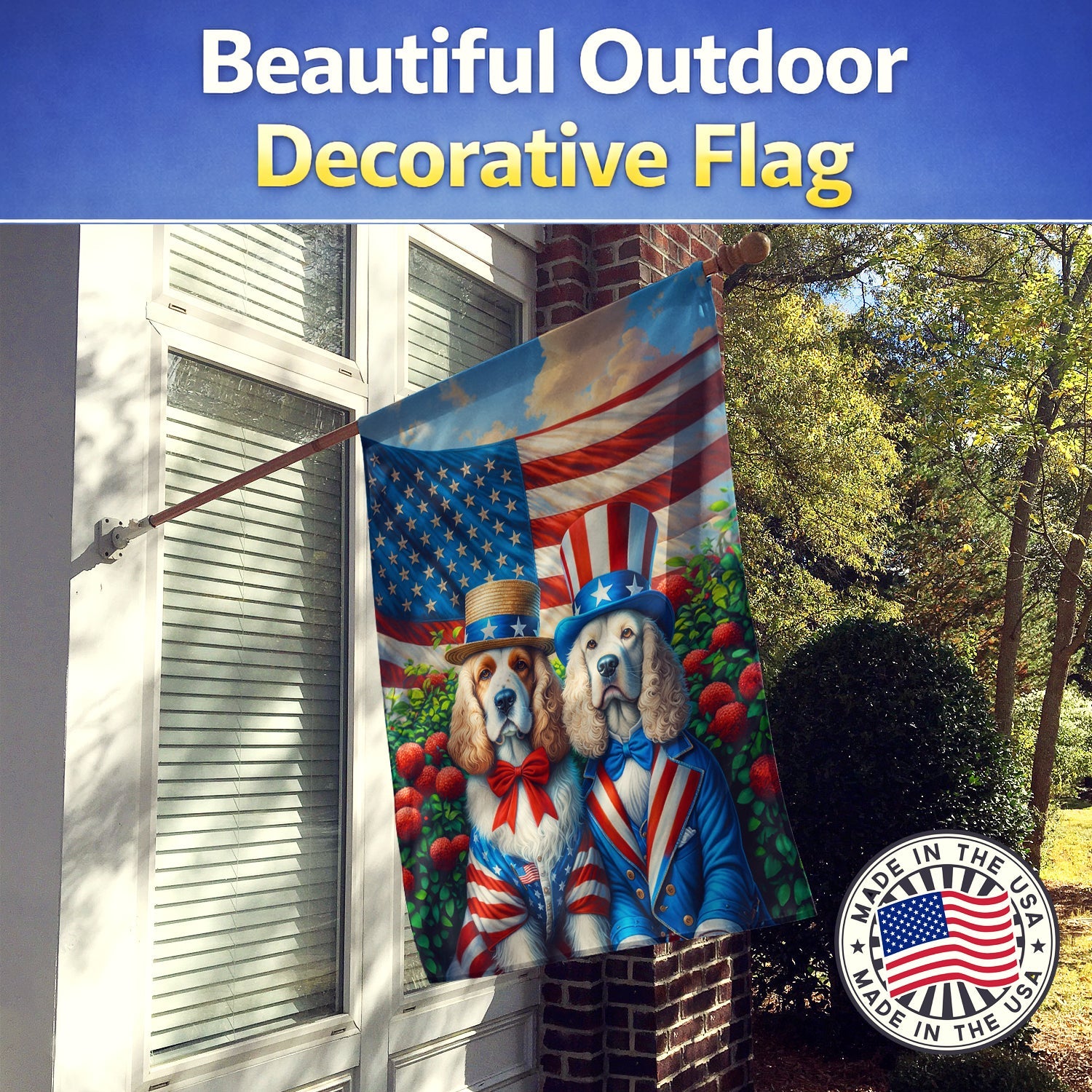 All American Clumber Spaniel House Flag 28x40 Porch Sleeve Pole Decorative Outside Yard Banner Artwork Wall Hanging, Polyester