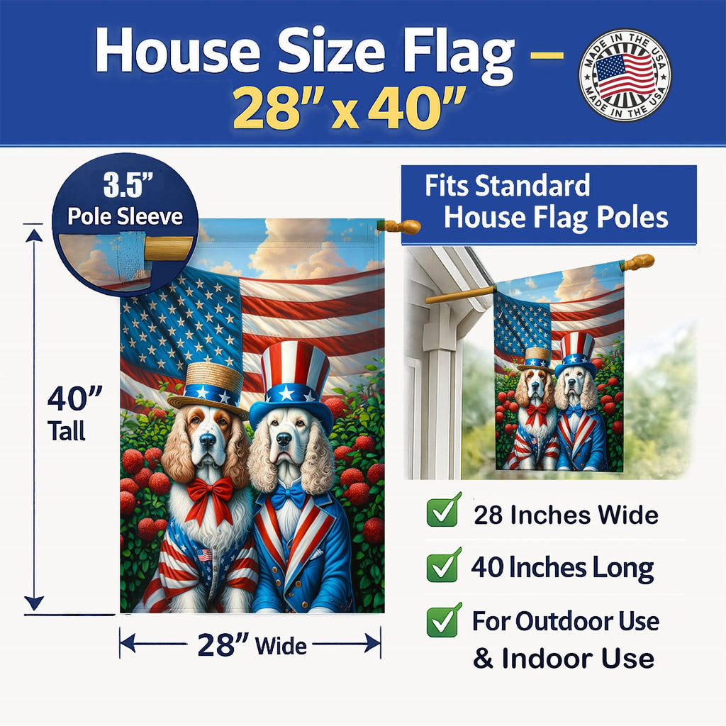 All American Clumber Spaniel House Flag 28x40 Porch Sleeve Pole Decorative Outside Yard Banner Artwork Wall Hanging, Polyester