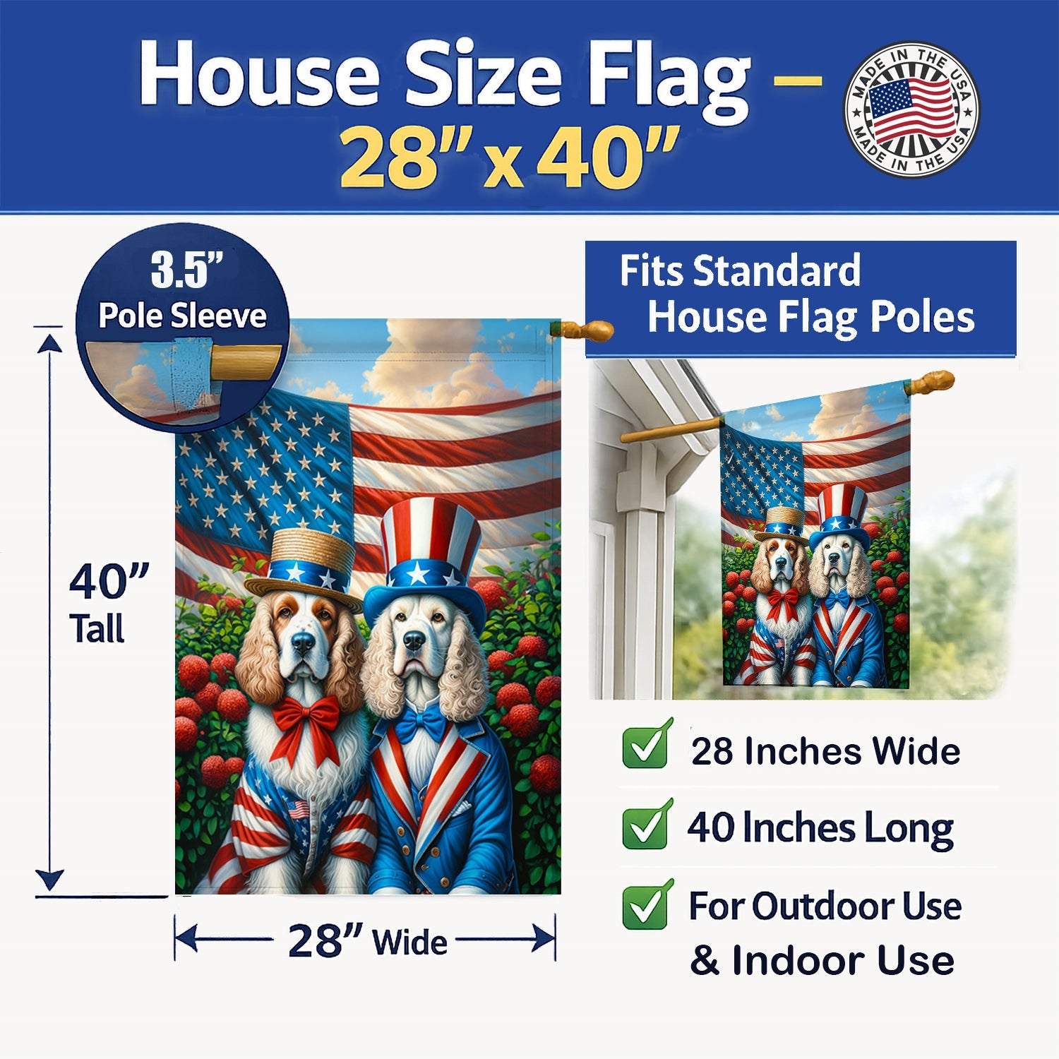 All American Clumber Spaniel House Flag 28x40 Porch Sleeve Pole Decorative Outside Yard Banner Artwork Wall Hanging, Polyester
