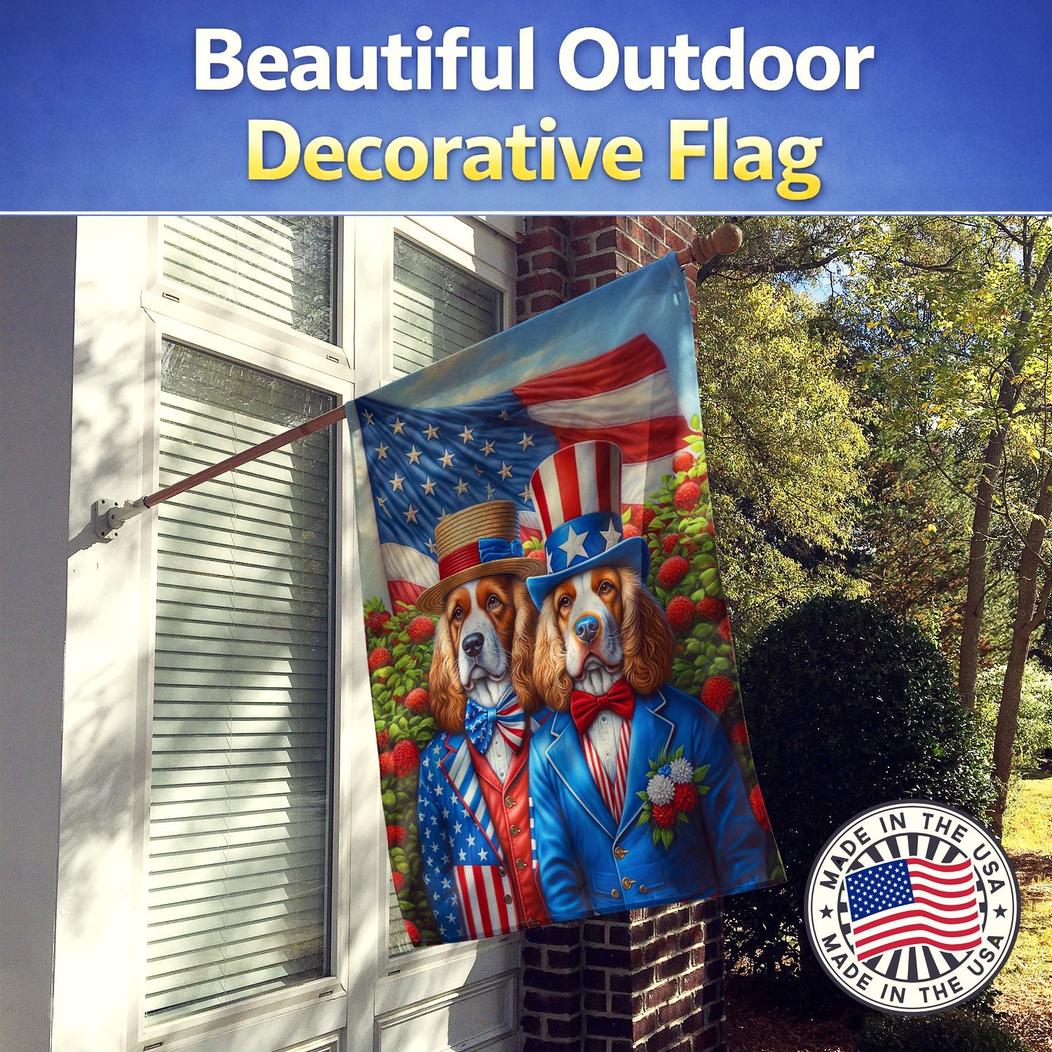 All American Clumber Spaniel House Flag 28x40 Porch Sleeve Pole Decorative Outside Yard Banner Artwork Wall Hanging, Polyester