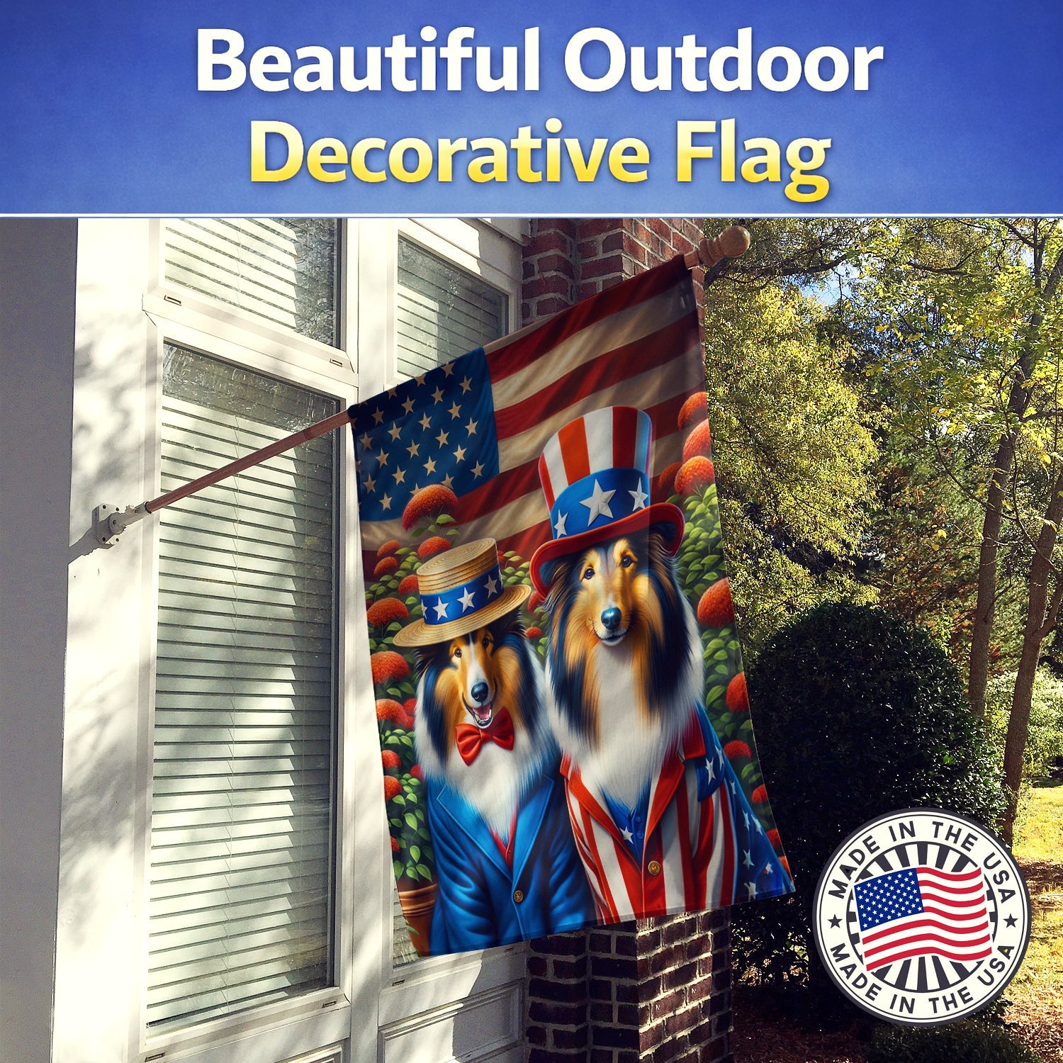 All American Collie House Flag 28x40 Porch Sleeve Pole Decorative Outside Yard Banner Artwork Wall Hanging, Polyester