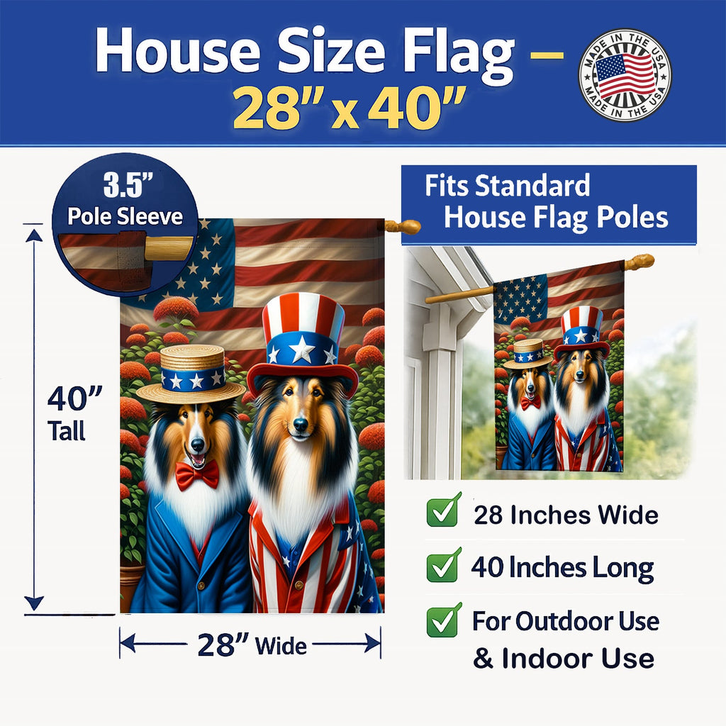 All American Collie House Flag 28x40 Porch Sleeve Pole Decorative Outside Yard Banner Artwork Wall Hanging, Polyester