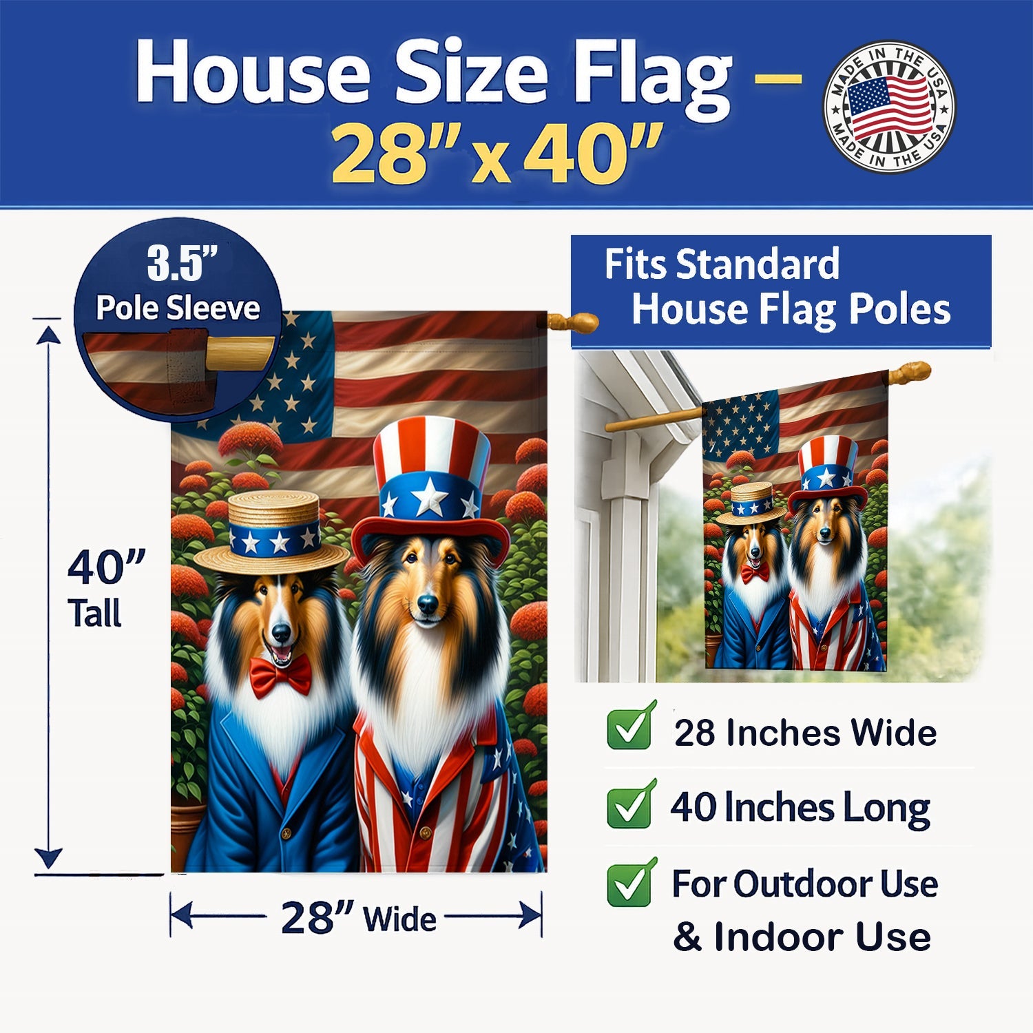 All American Collie House Flag 28x40 Porch Sleeve Pole Decorative Outside Yard Banner Artwork Wall Hanging, Polyester