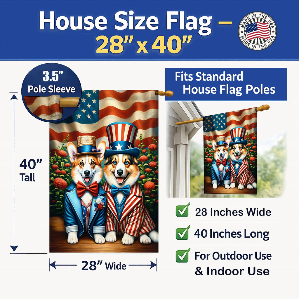 All American Corgi House Flag 28x40 Porch Sleeve Pole Decorative Outside Yard Banner Artwork Wall Hanging, Polyester