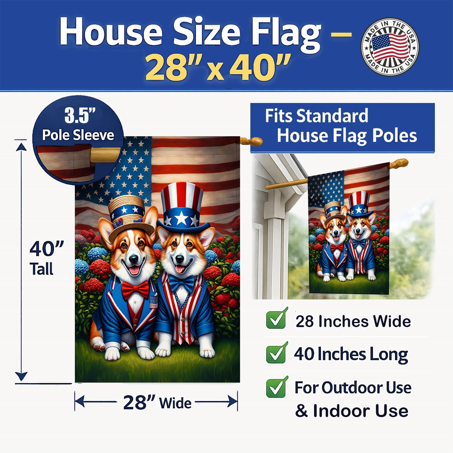 All American Corgi House Flag 28x40 Porch Sleeve Pole Decorative Outside Yard Banner Artwork Wall Hanging, Polyester