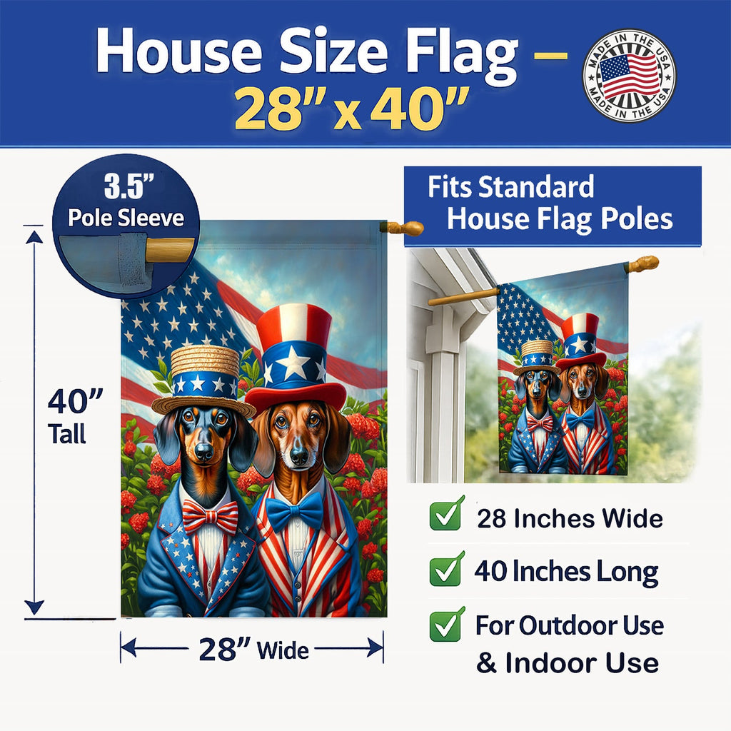 All American Dachshund House Flag 28x40 Porch Sleeve Pole Decorative Outside Yard Banner Artwork Wall Hanging, Polyester