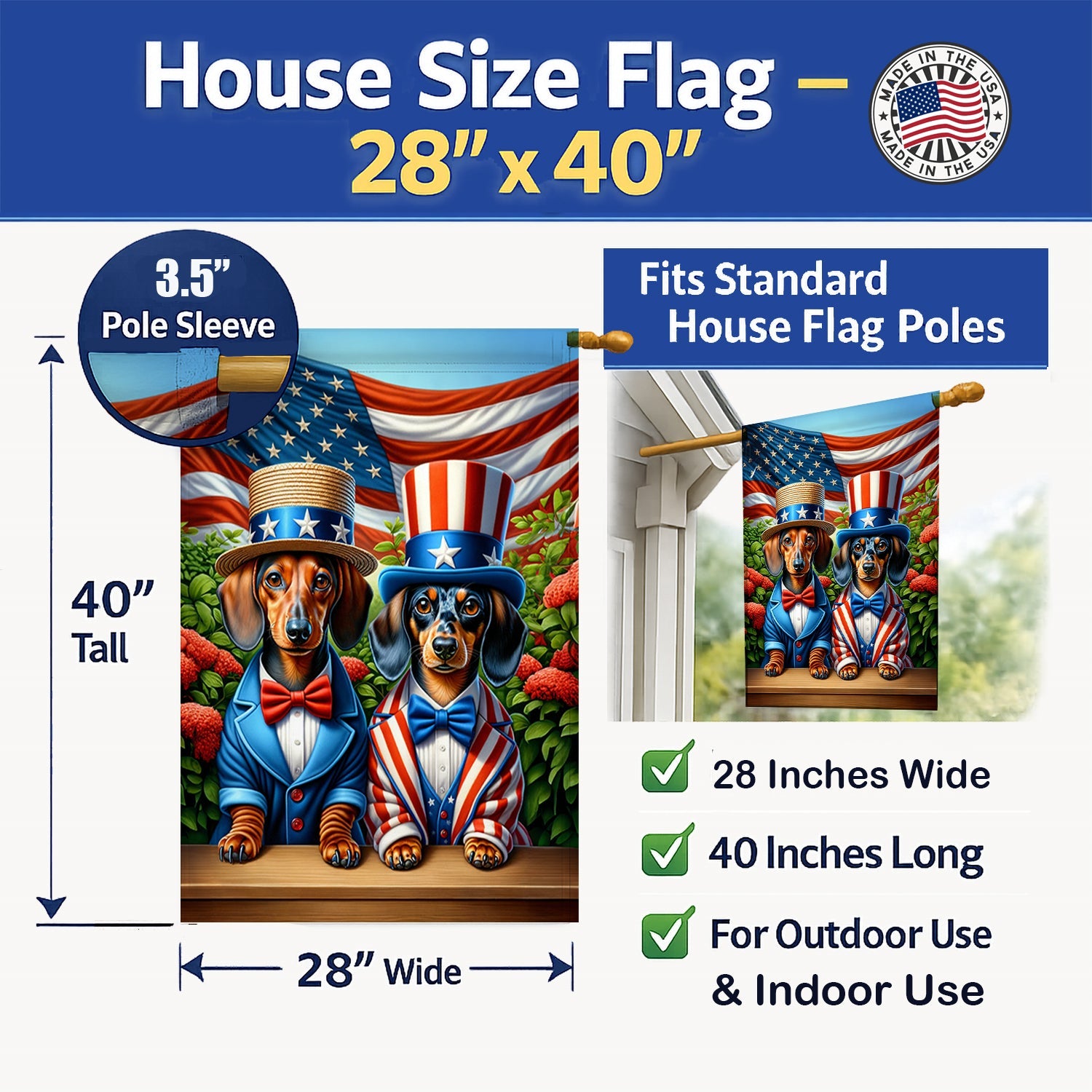 All American Dachshund House Flag 28x40 Porch Sleeve Pole Decorative Outside Yard Banner Artwork Wall Hanging, Polyester