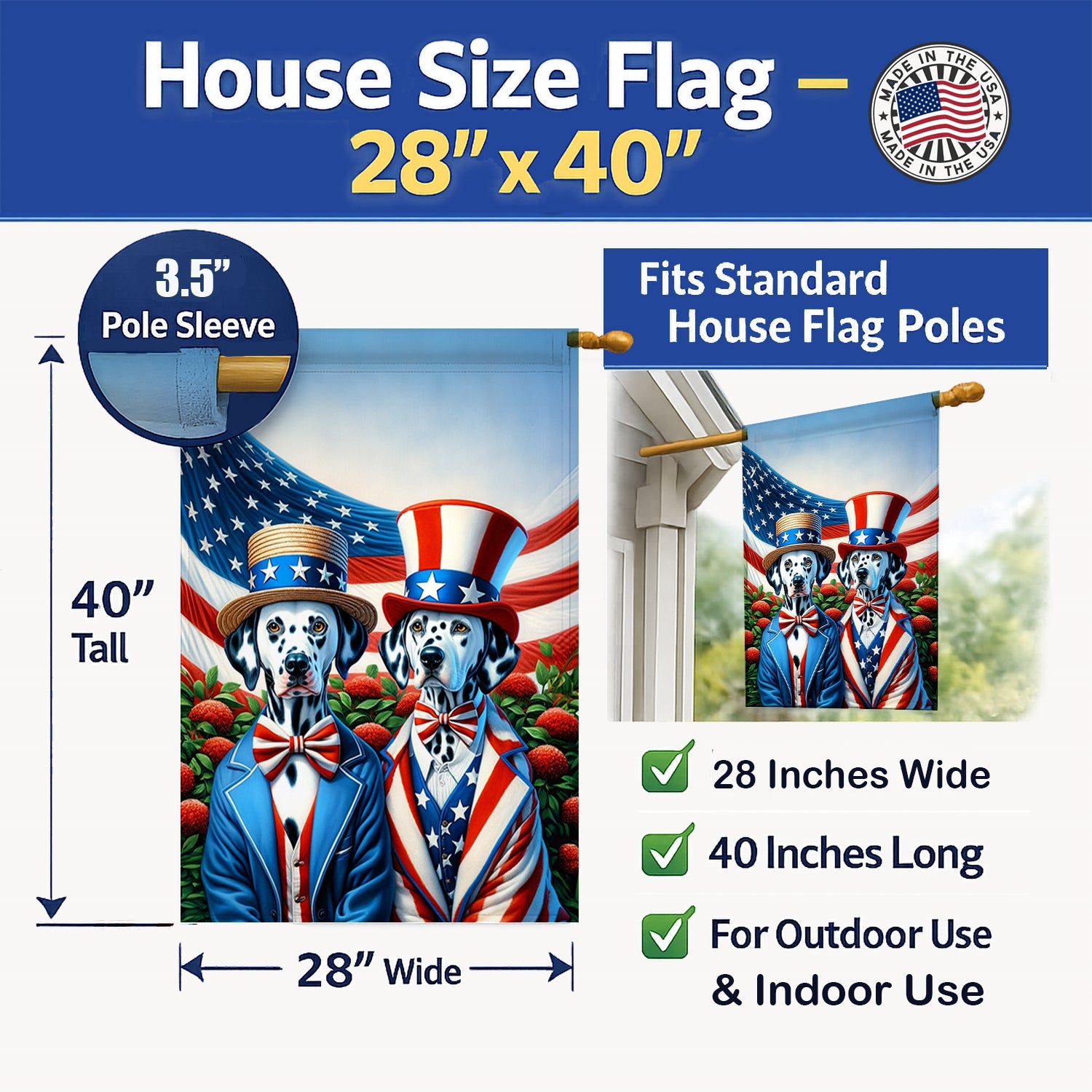 All American Dalmatian House Flag 28x40 Porch Sleeve Pole Decorative Outside Yard Banner Artwork Wall Hanging, Polyester