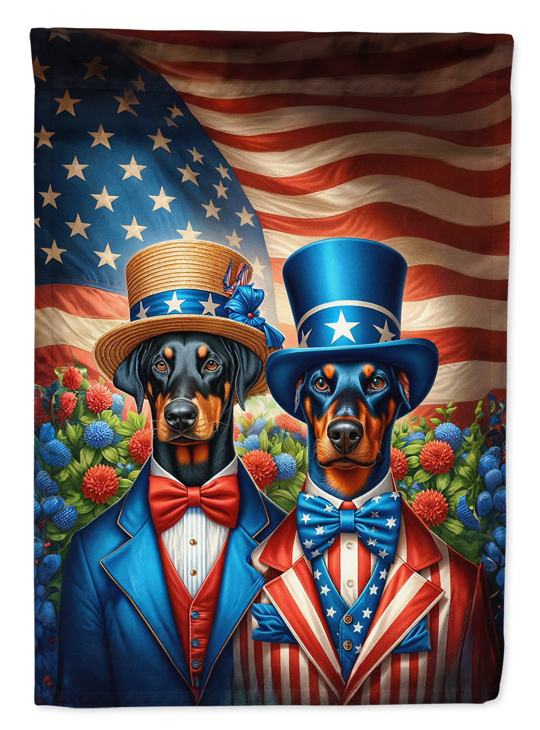 All American Doberman Pinscher House Flag 28x40 Porch Sleeve Pole Decorative Outside Yard Banner Artwork Wall Hanging, Polyester