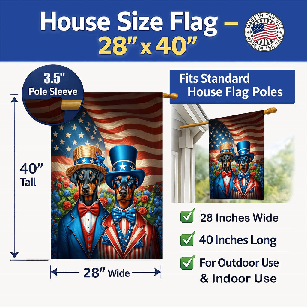 All American Doberman Pinscher House Flag 28x40 Porch Sleeve Pole Decorative Outside Yard Banner Artwork Wall Hanging, Polyester