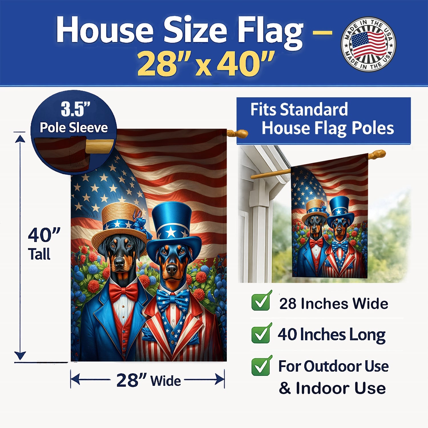 All American Doberman Pinscher House Flag 28x40 Porch Sleeve Pole Decorative Outside Yard Banner Artwork Wall Hanging, Polyester