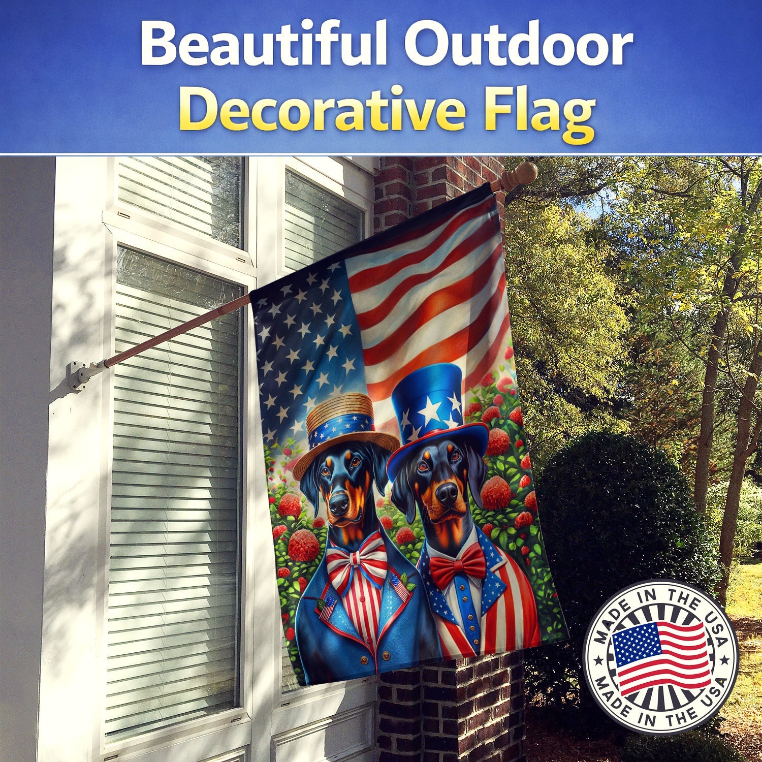 All American Doberman Pinscher House Flag 28x40 Porch Sleeve Pole Decorative Outside Yard Banner Artwork Wall Hanging, Polyester