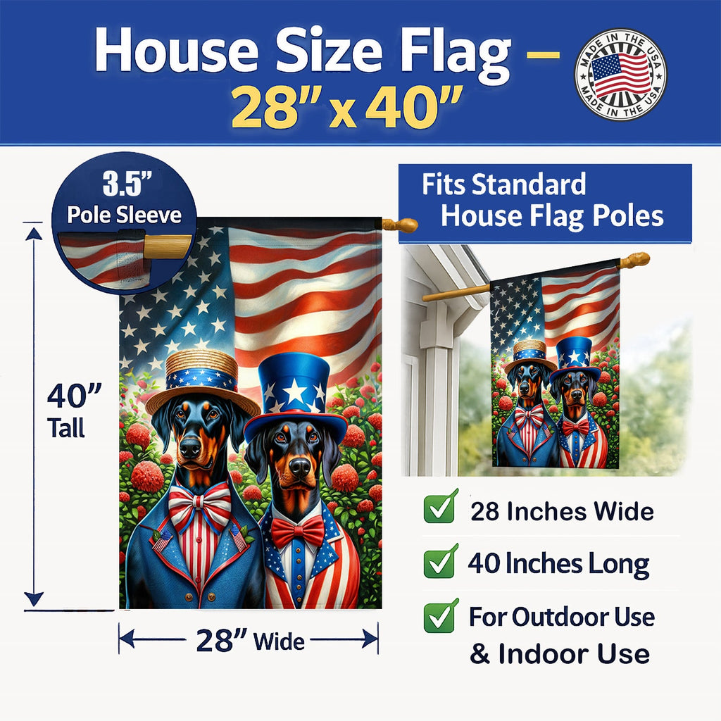 All American Doberman Pinscher House Flag 28x40 Porch Sleeve Pole Decorative Outside Yard Banner Artwork Wall Hanging, Polyester
