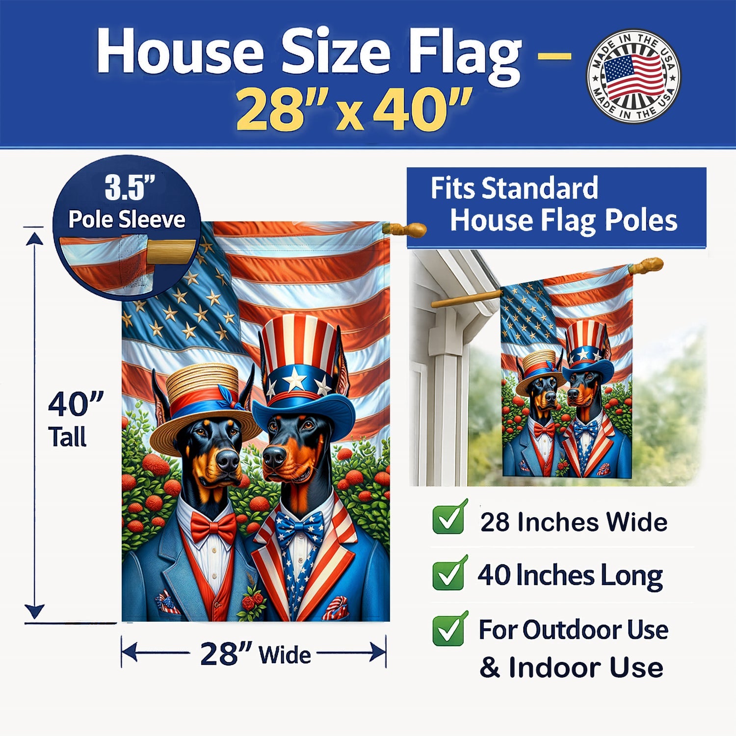 All American Doberman Pinscher House Flag 28x40 Porch Sleeve Pole Decorative Outside Yard Banner Artwork Wall Hanging, Polyester
