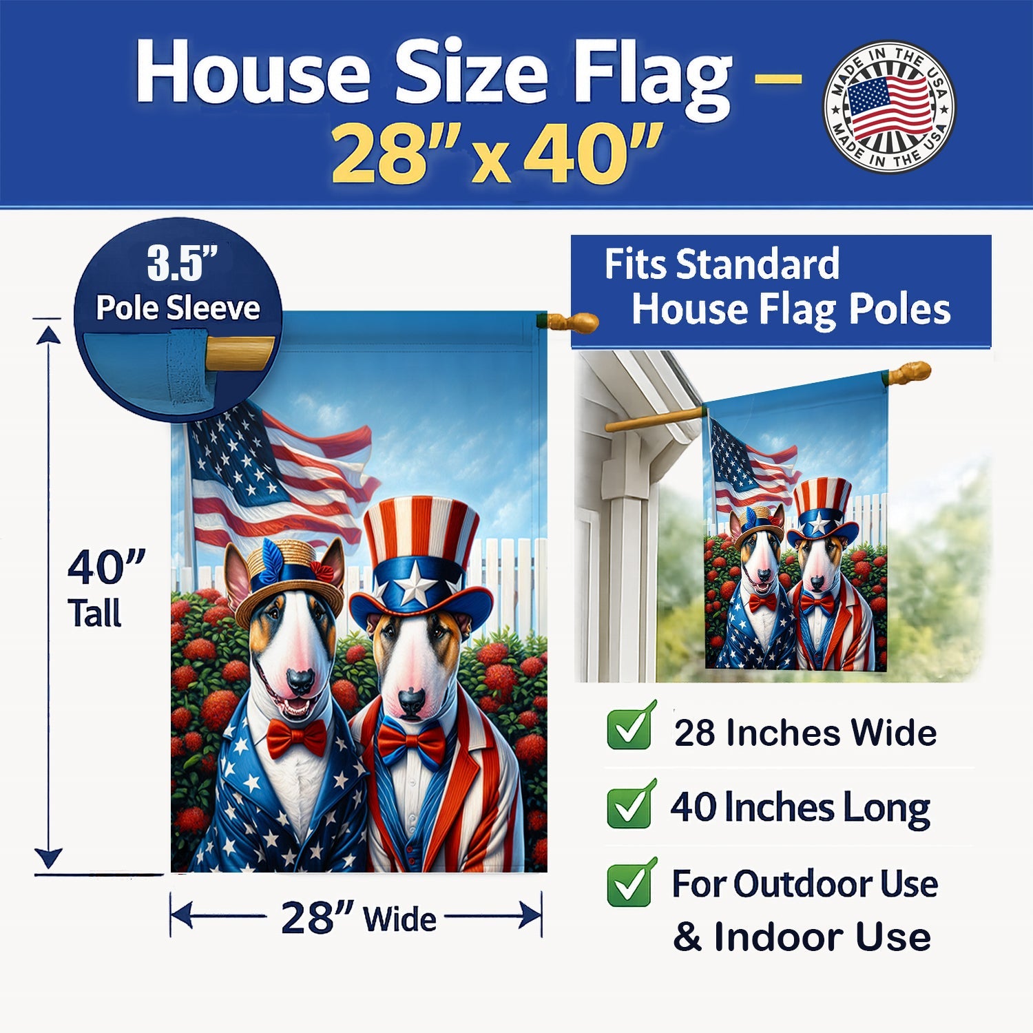 All American English Bull Terrier House Flag 28x40 Porch Sleeve Pole Decorative Outside Yard Banner Artwork Wall Hanging, Polyester