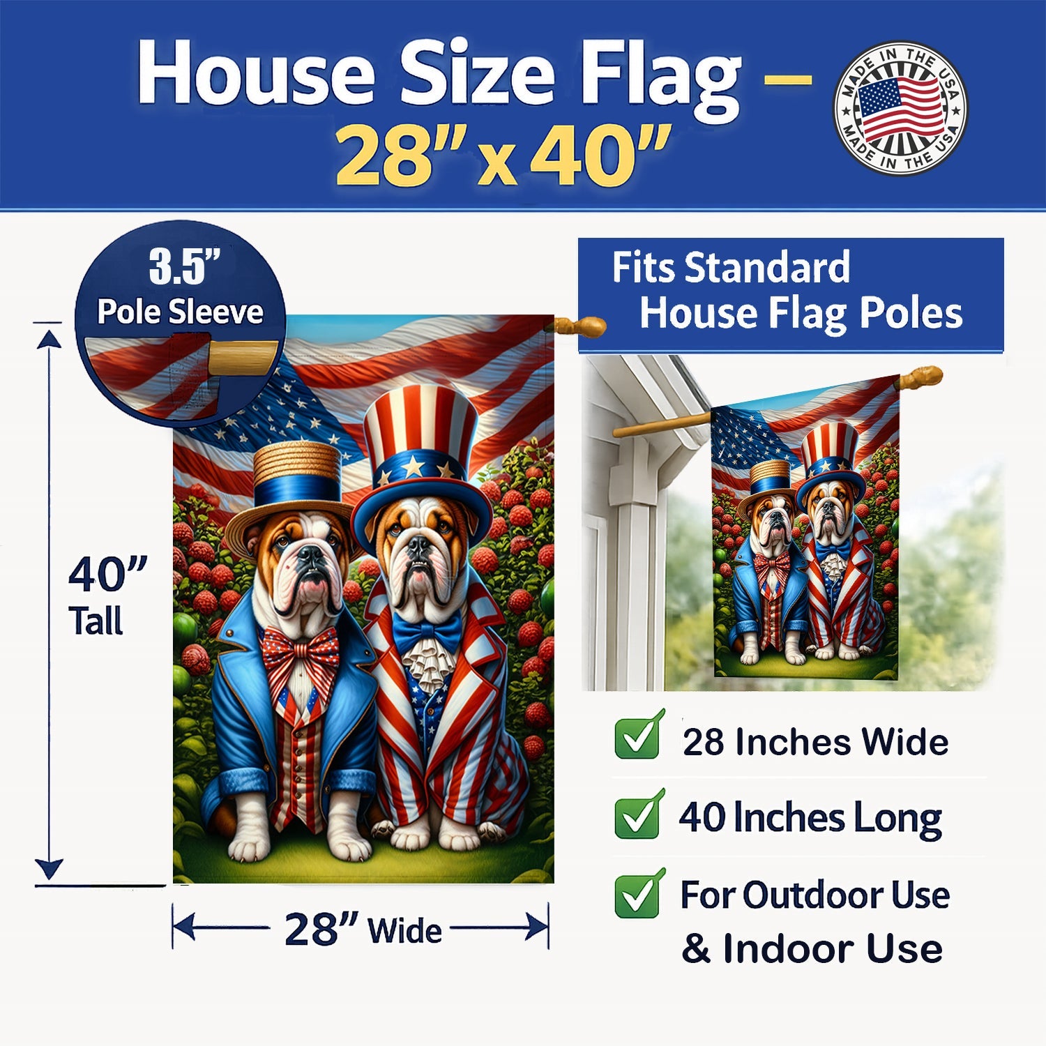 All American English Bulldog House Flag 28x40 Porch Sleeve Pole Decorative Outside Yard Banner Artwork Wall Hanging, Polyester