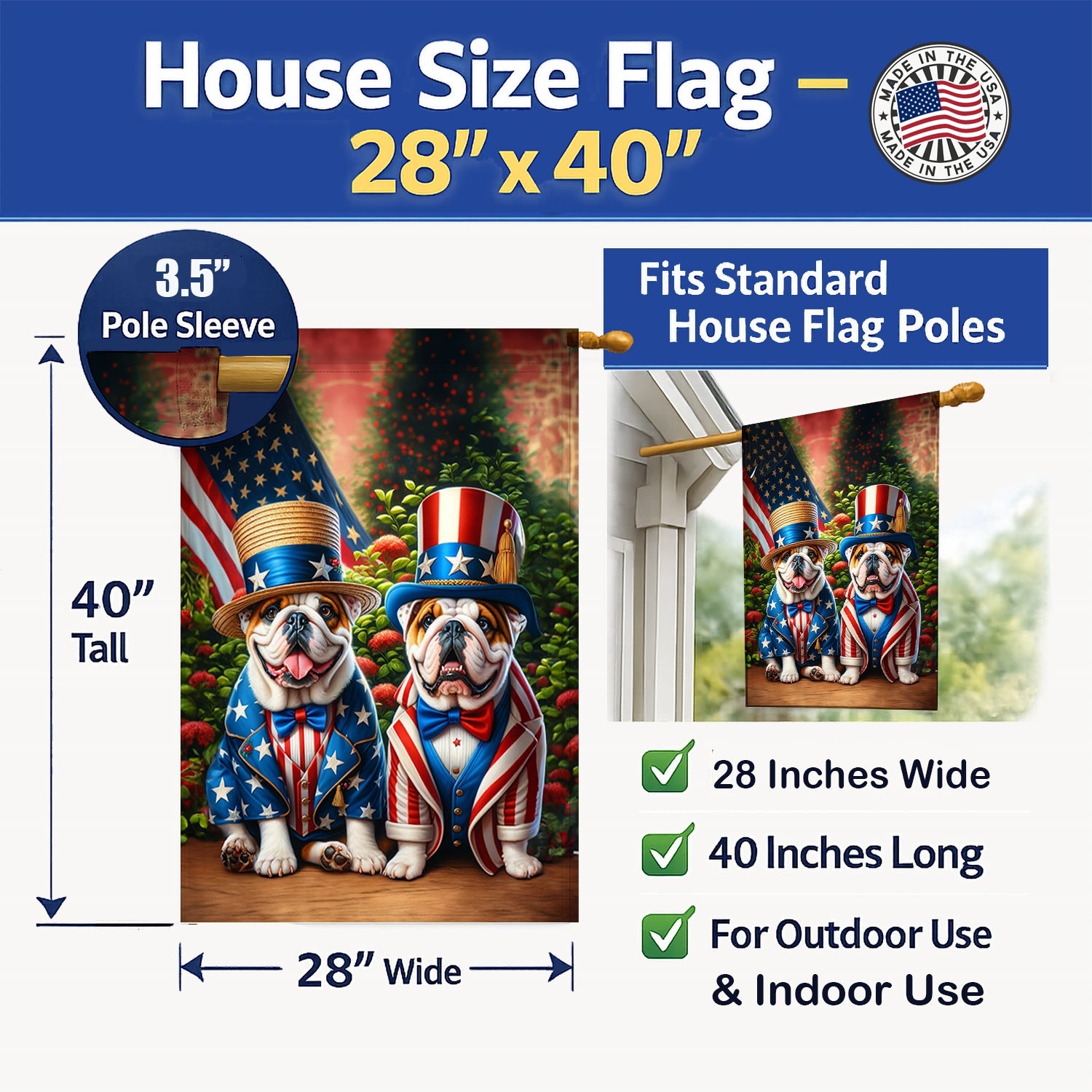 All American English Bulldog House Flag 28x40 Porch Sleeve Pole Decorative Outside Yard Banner Artwork Wall Hanging, Polyester