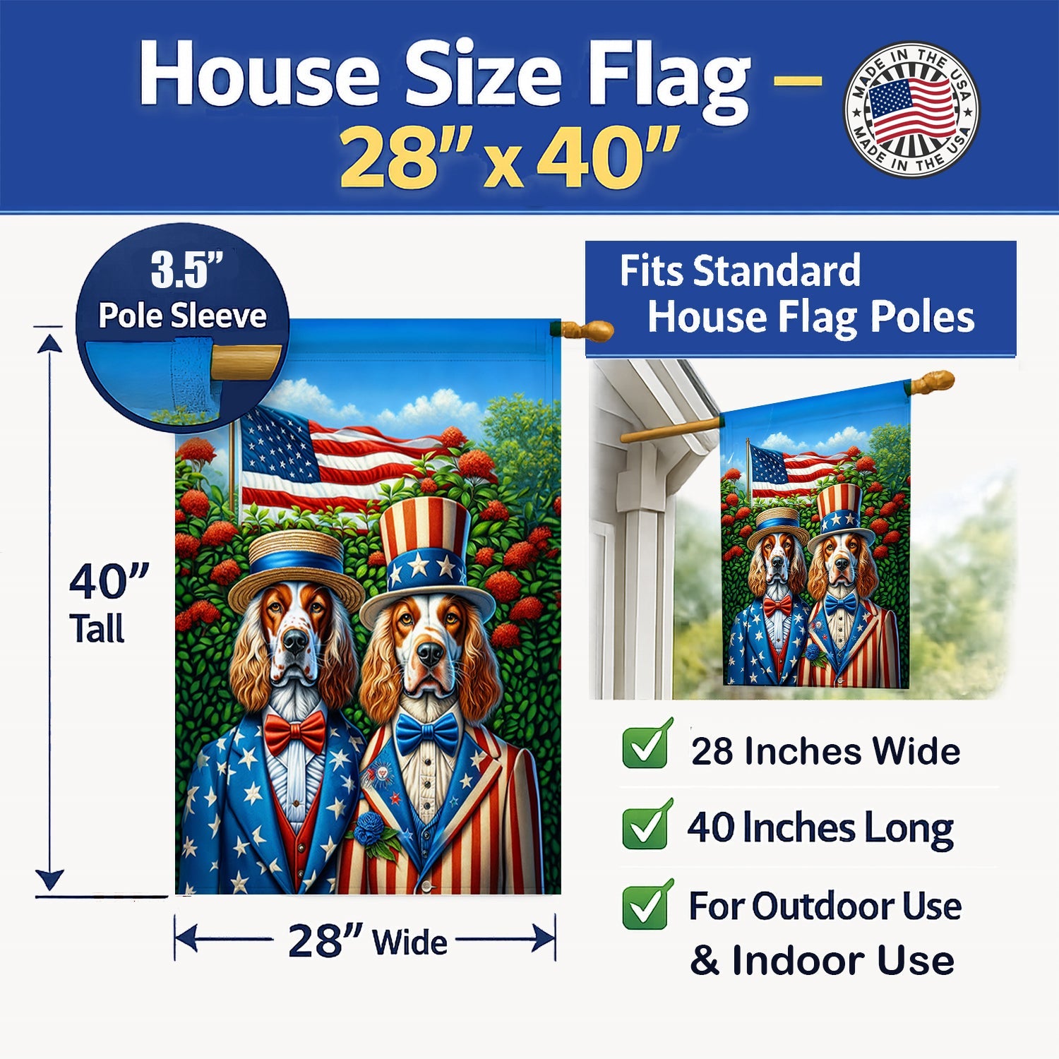 All American English Setter House Flag 28x40 Porch Sleeve Pole Decorative Outside Yard Banner Artwork Wall Hanging, Polyester