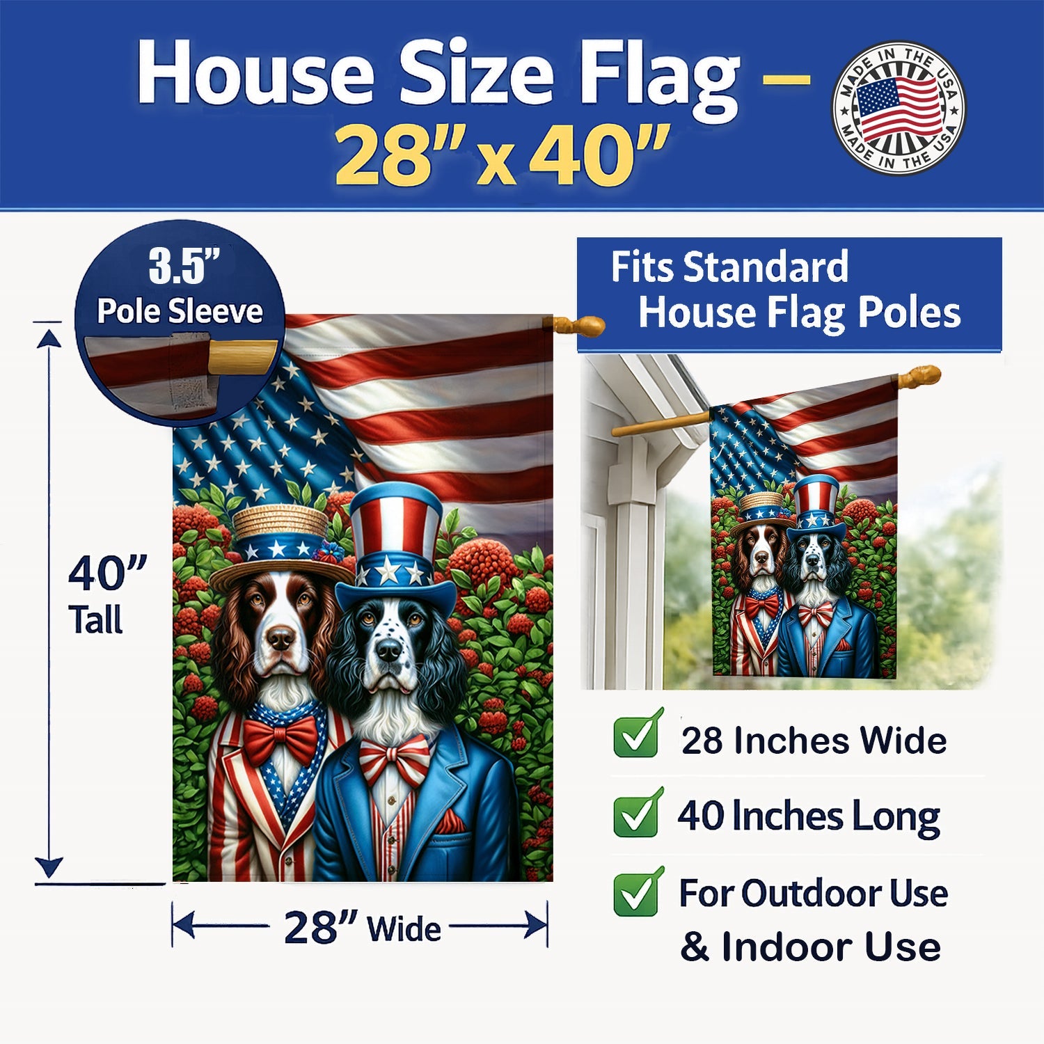 All American English Springer Spaniel House Flag 28x40 Porch Sleeve Pole Decorative Outside Yard Banner Artwork Wall Hanging, Polyester