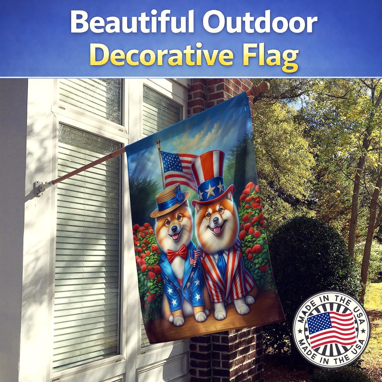 All American Finnish Spitz House Flag 28x40 Porch Sleeve Pole Decorative Outside Yard Banner Artwork Wall Hanging, Polyester