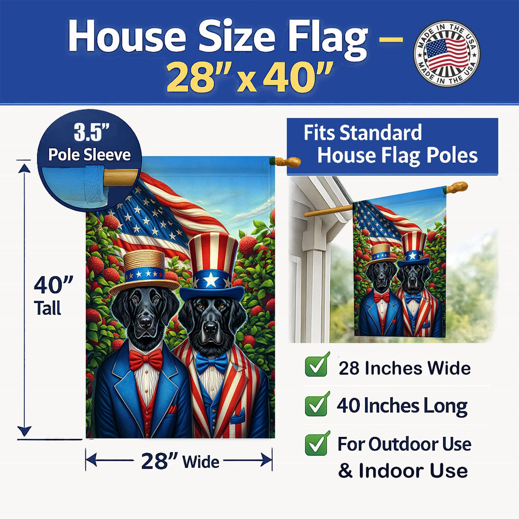 All American Flat-Coated Retriever House Flag 28x40 Porch Sleeve Pole Decorative Outside Yard Banner Artwork Wall Hanging, Polyester