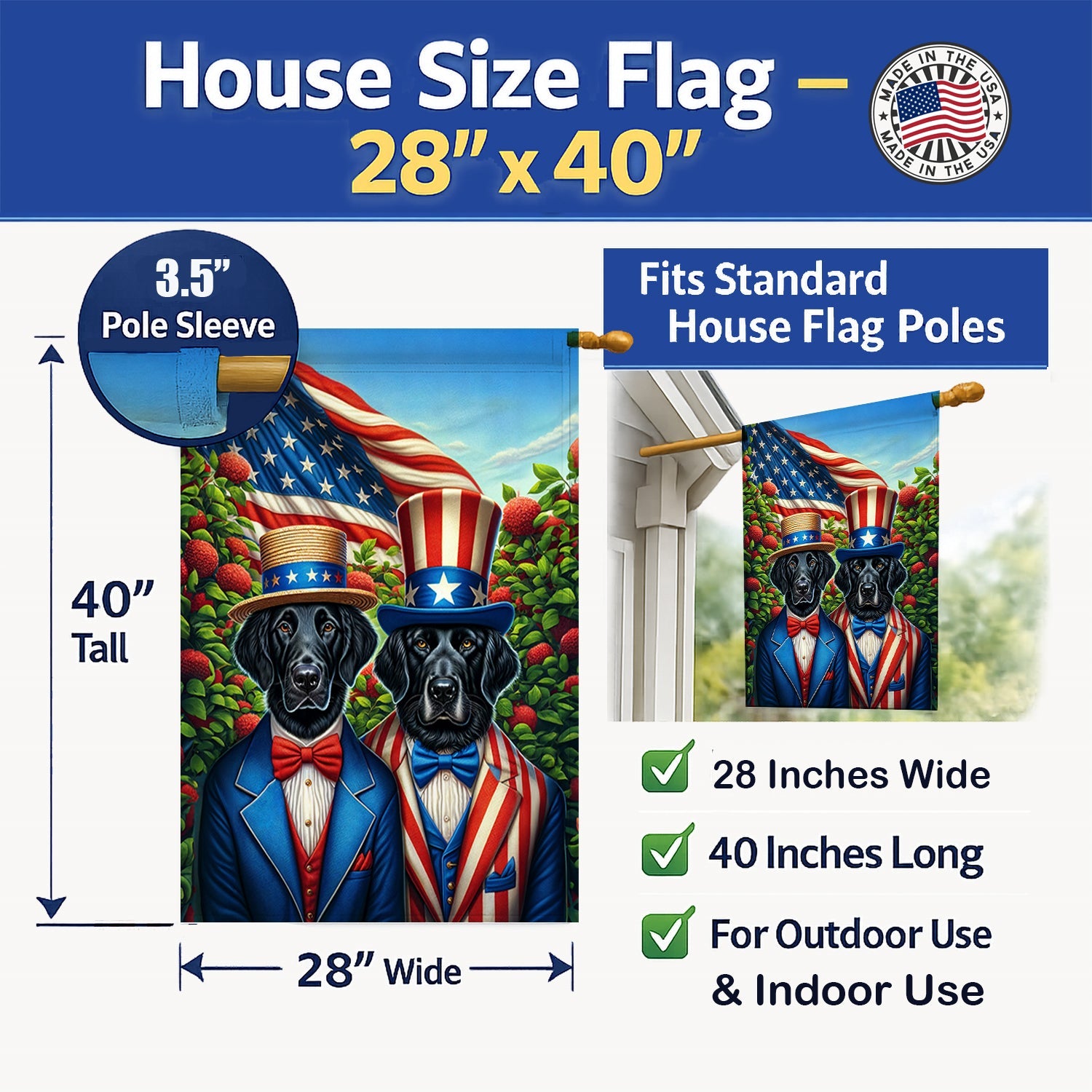 All American Flat-Coated Retriever House Flag 28x40 Porch Sleeve Pole Decorative Outside Yard Banner Artwork Wall Hanging, Polyester