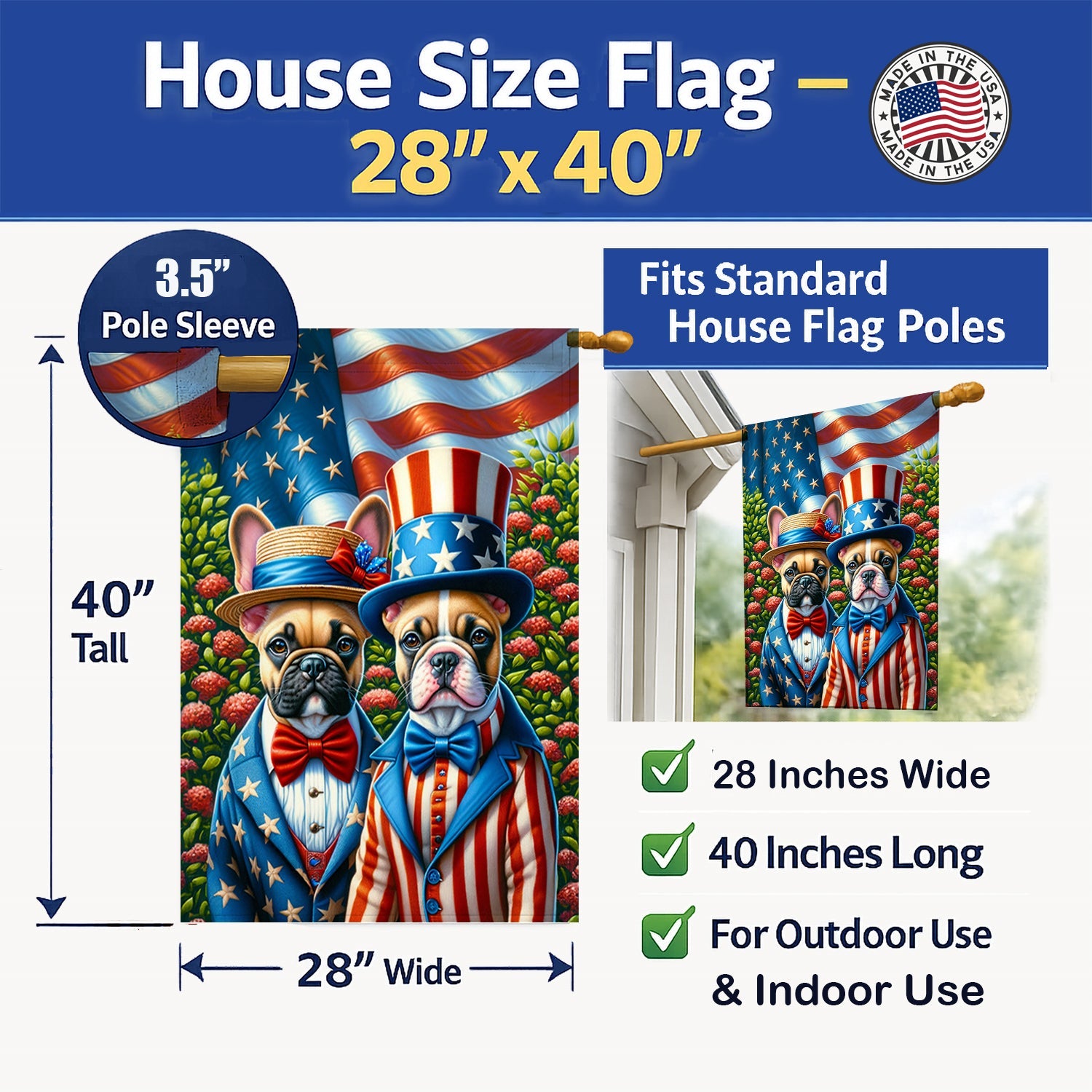 All American French Bulldog House Flag 28x40 Porch Sleeve Pole Decorative Outside Yard Banner Artwork Wall Hanging, Polyester