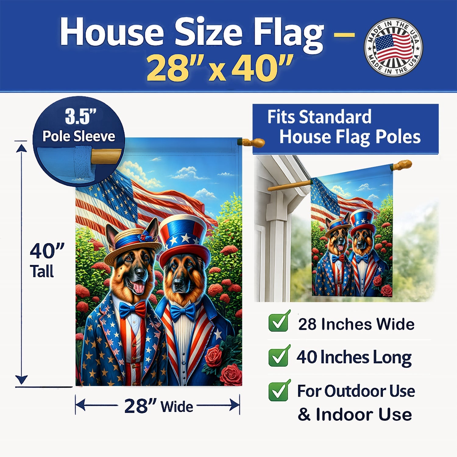 All American German Shepherd House Flag 28x40 Porch Sleeve Pole Decorative Outside Yard Banner Artwork Wall Hanging, Polyester