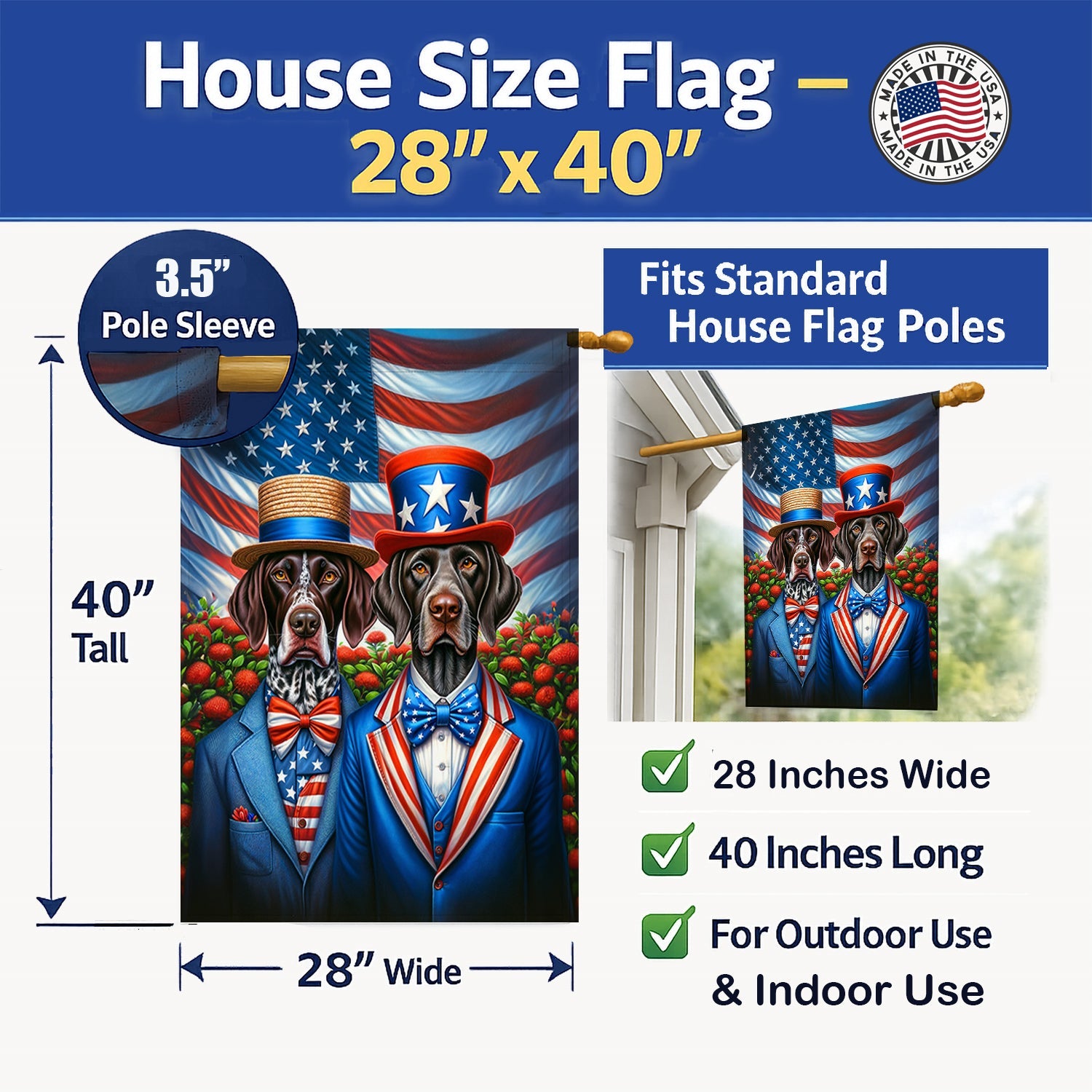 All American German Shorthaired Pointer House Flag 28x40 Porch Sleeve Pole Decorative Outside Yard Banner Artwork Wall Hanging, Polyester